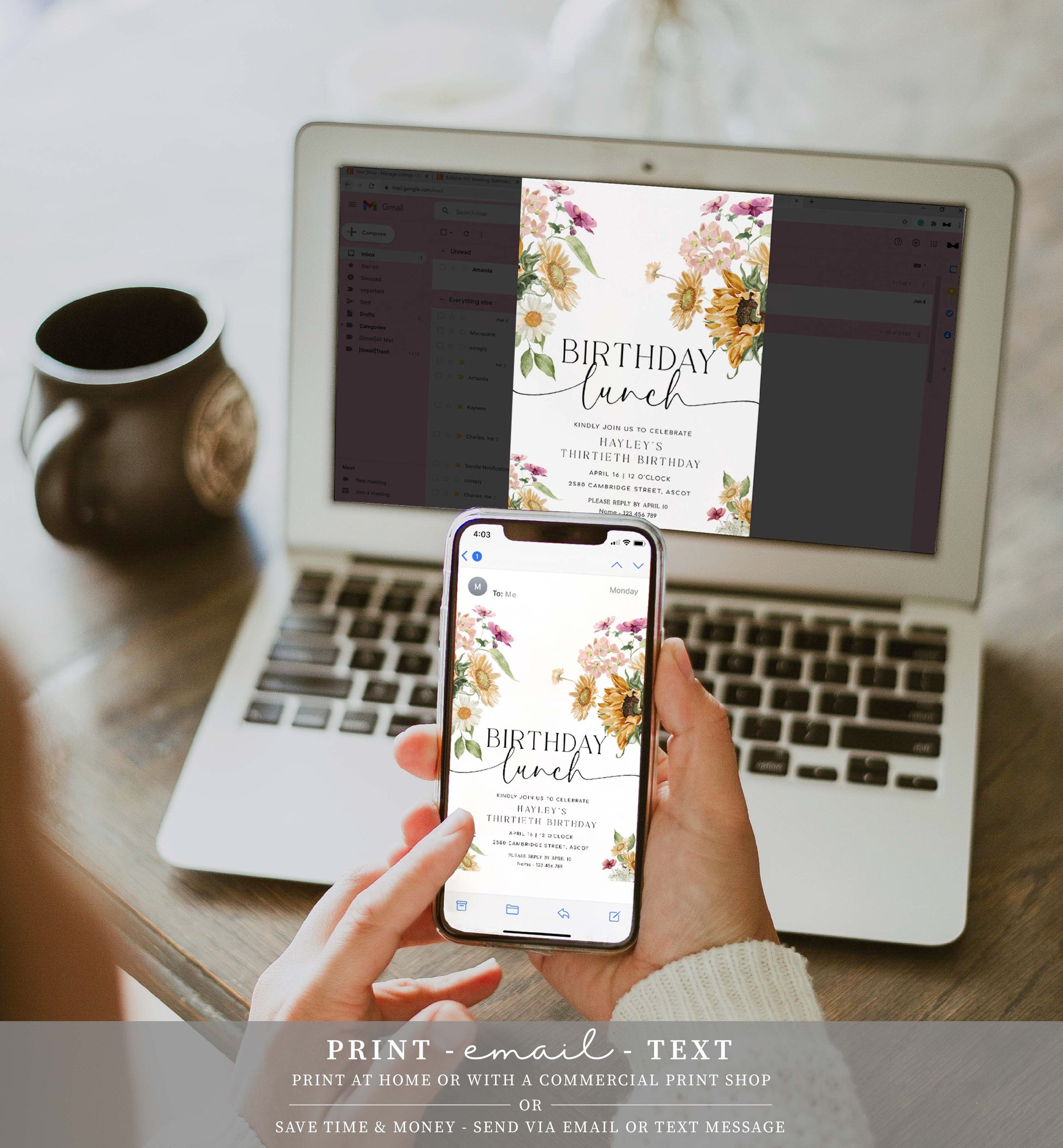 Printable Birthday Lunch Invitation, Sunflower Fall Floral Birthday Lunch Invite, Autumn Girls Birthday Invite, Birthday Party Evite, Mews