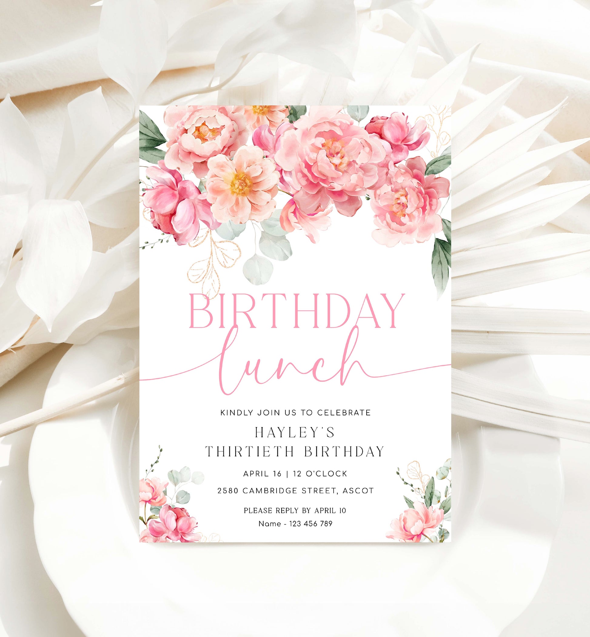 Birthday Lunch Invite, Pink Peony Floral Birthday Brunch Party Invite, Printable Girls Birthday Party Invite, Ladies Lunch Invite, Piper