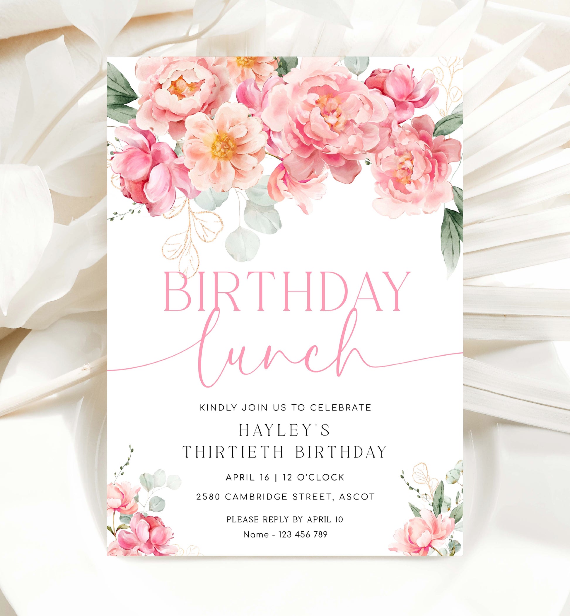 Birthday Lunch Invite, Pink Peony Floral Birthday Brunch Party Invite, Printable Girls Birthday Party Invite, Ladies Lunch Invite, Piper
