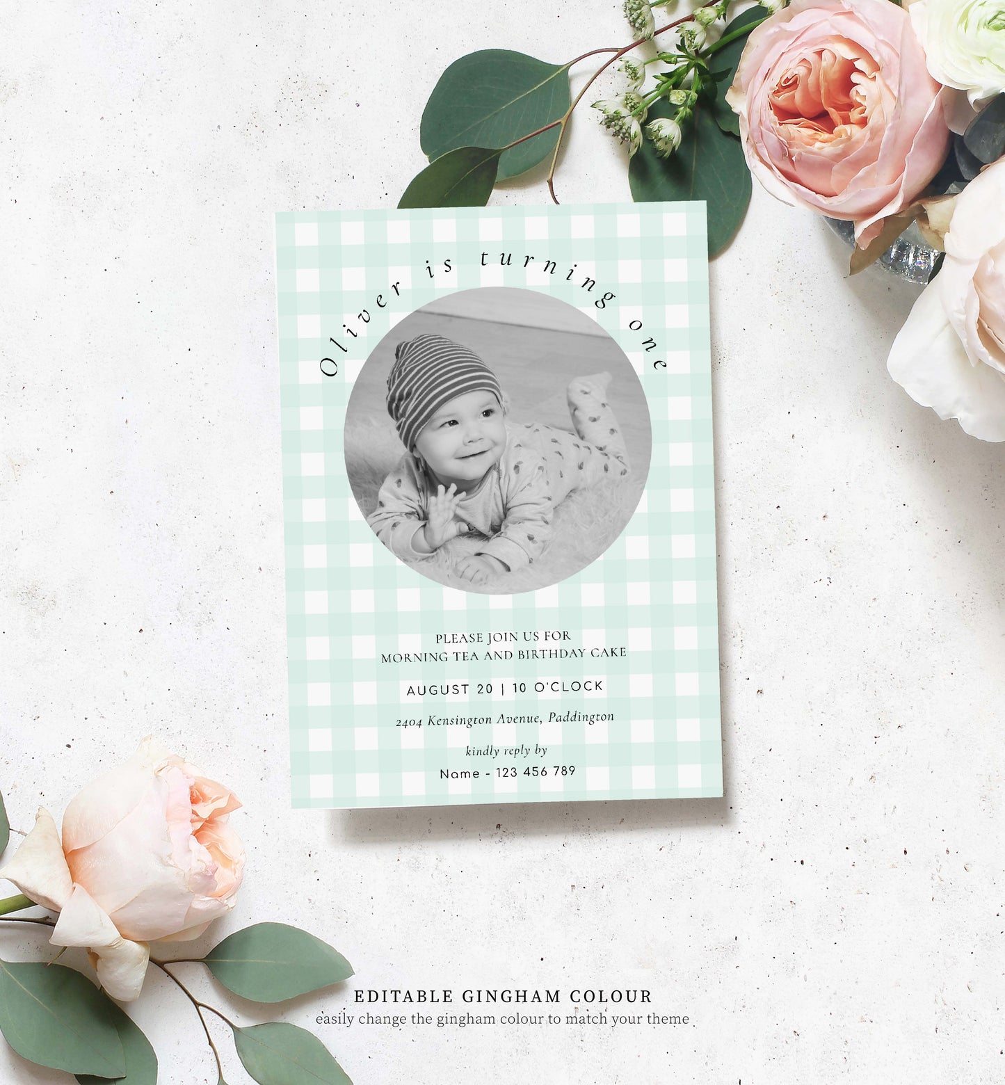 Gingham Sage Green | Printable Birthday Photo Invitation Template