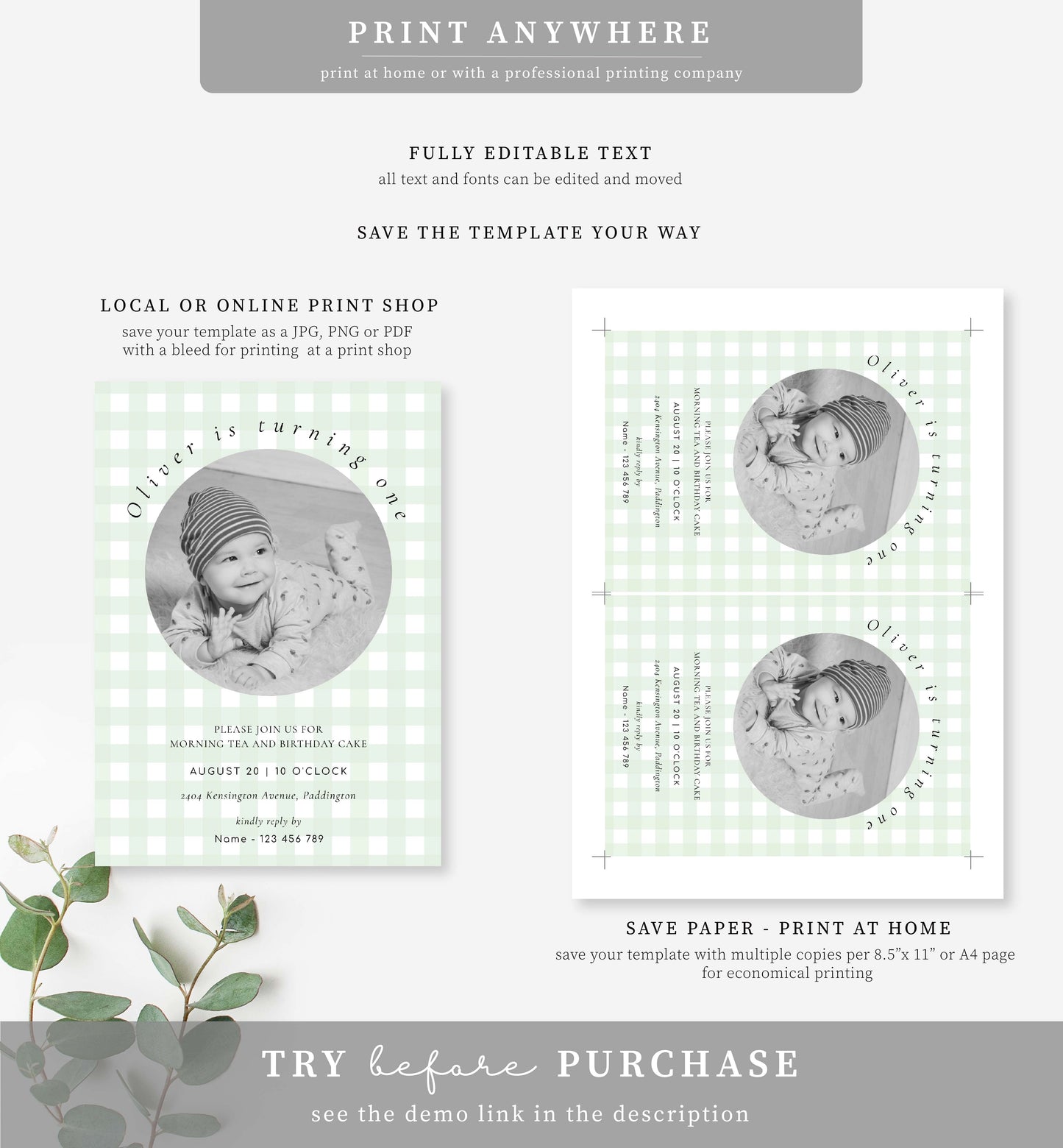 Gingham Green | Printable Birthday Photo Invitation Template