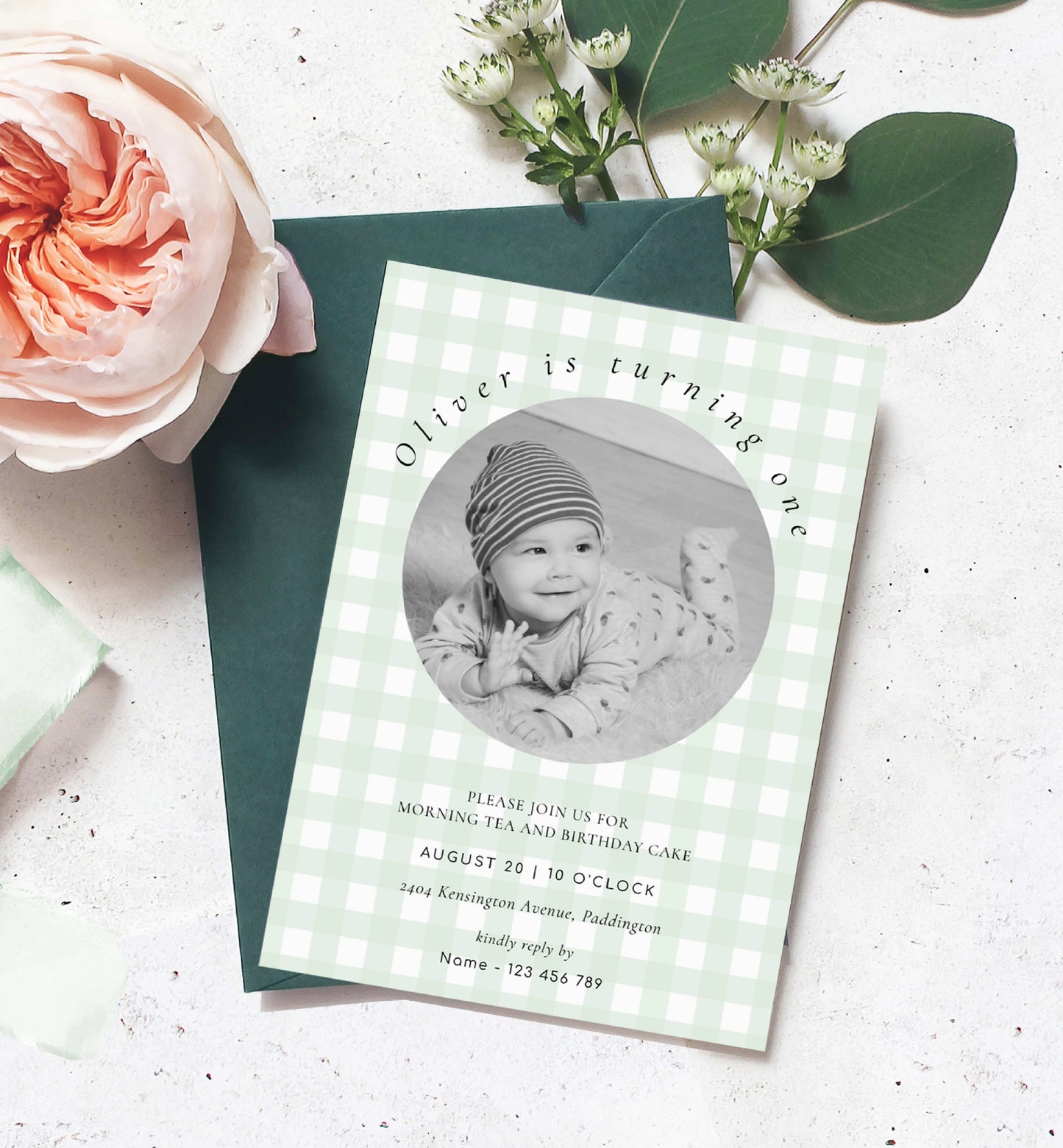 Gingham Green | Printable Birthday Photo Invitation Template