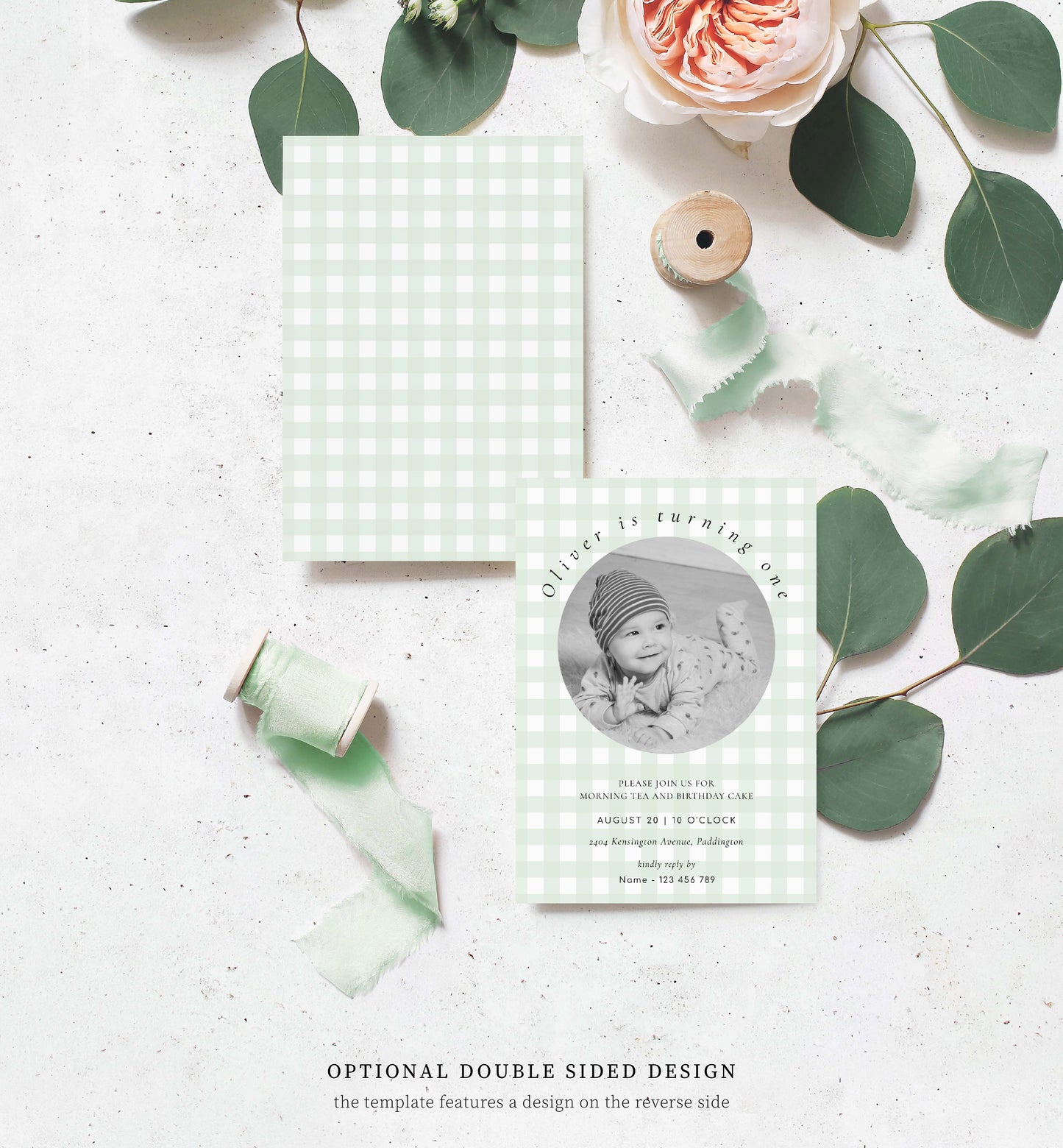 Gingham Green | Printable Birthday Photo Invitation Template