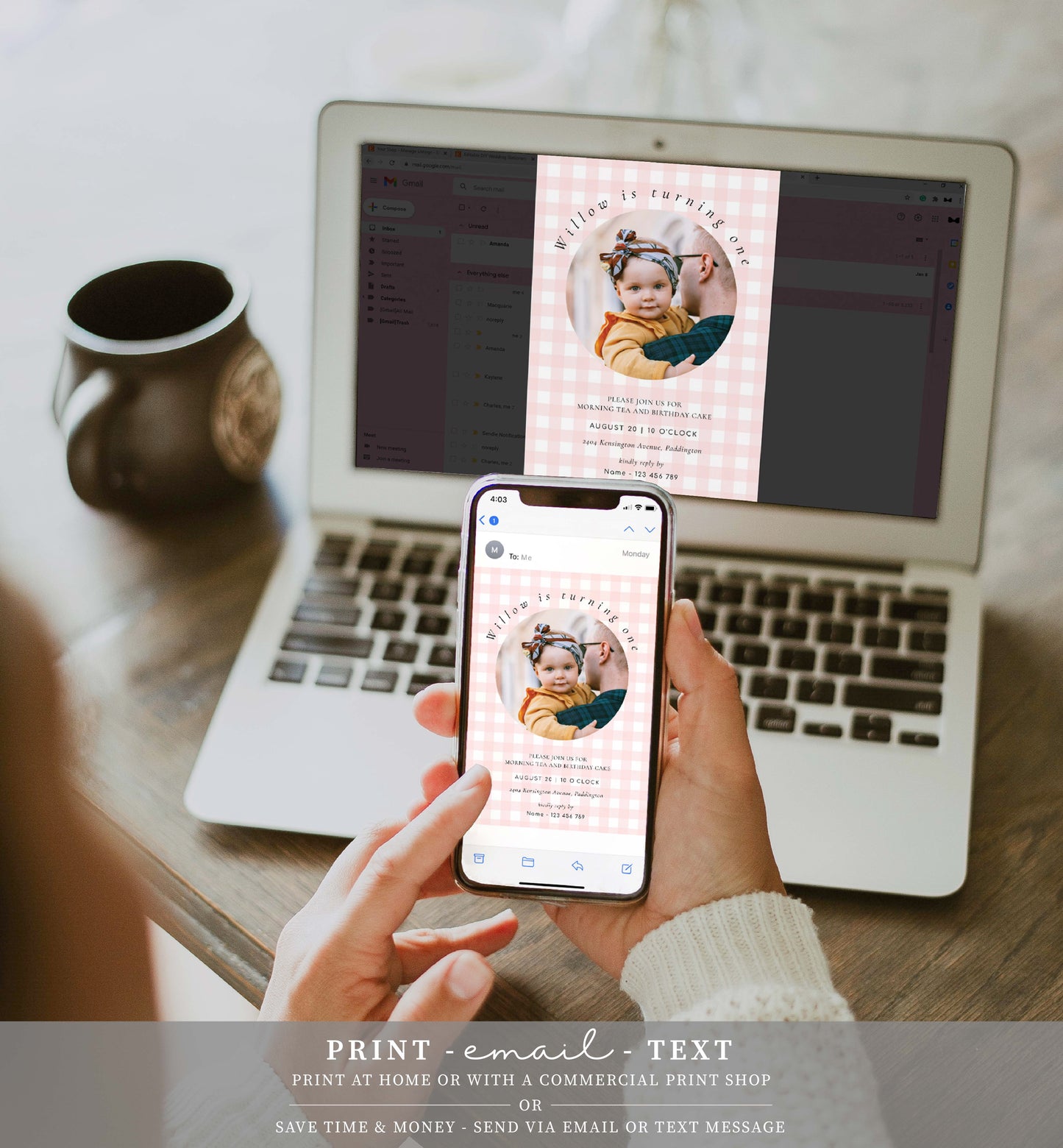 Gingham Pink | Printable Birthday Photo Invitation Template