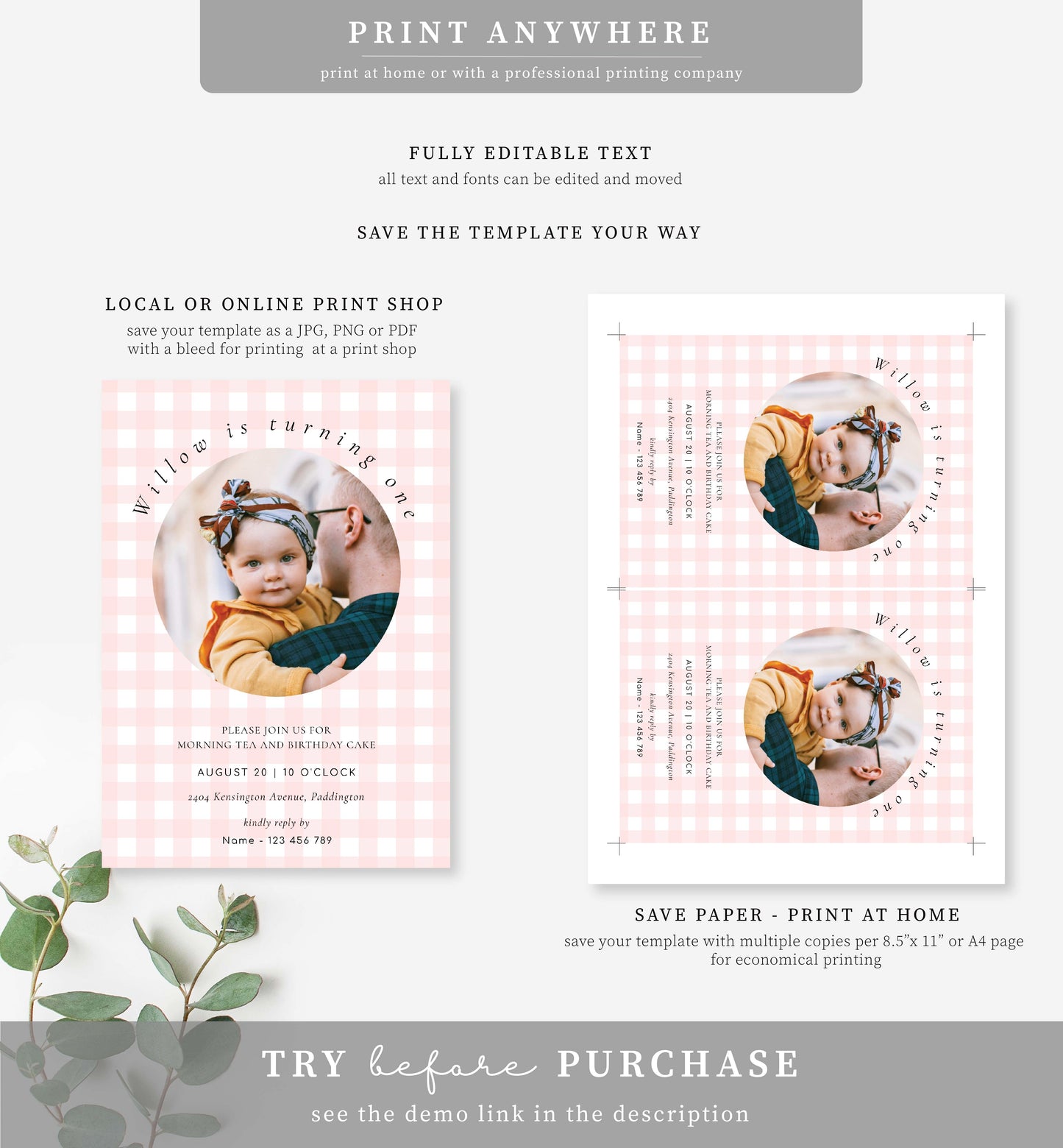 Gingham Pink | Printable Birthday Photo Invitation Template