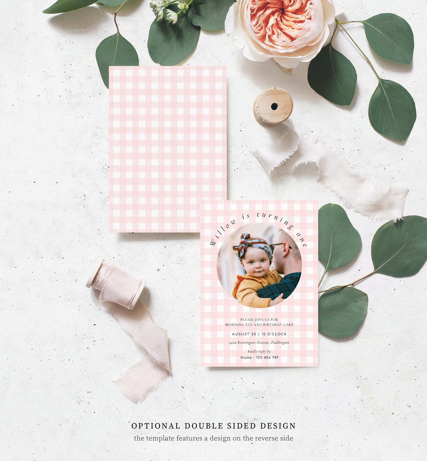 Gingham Pink | Printable Birthday Photo Invitation Template