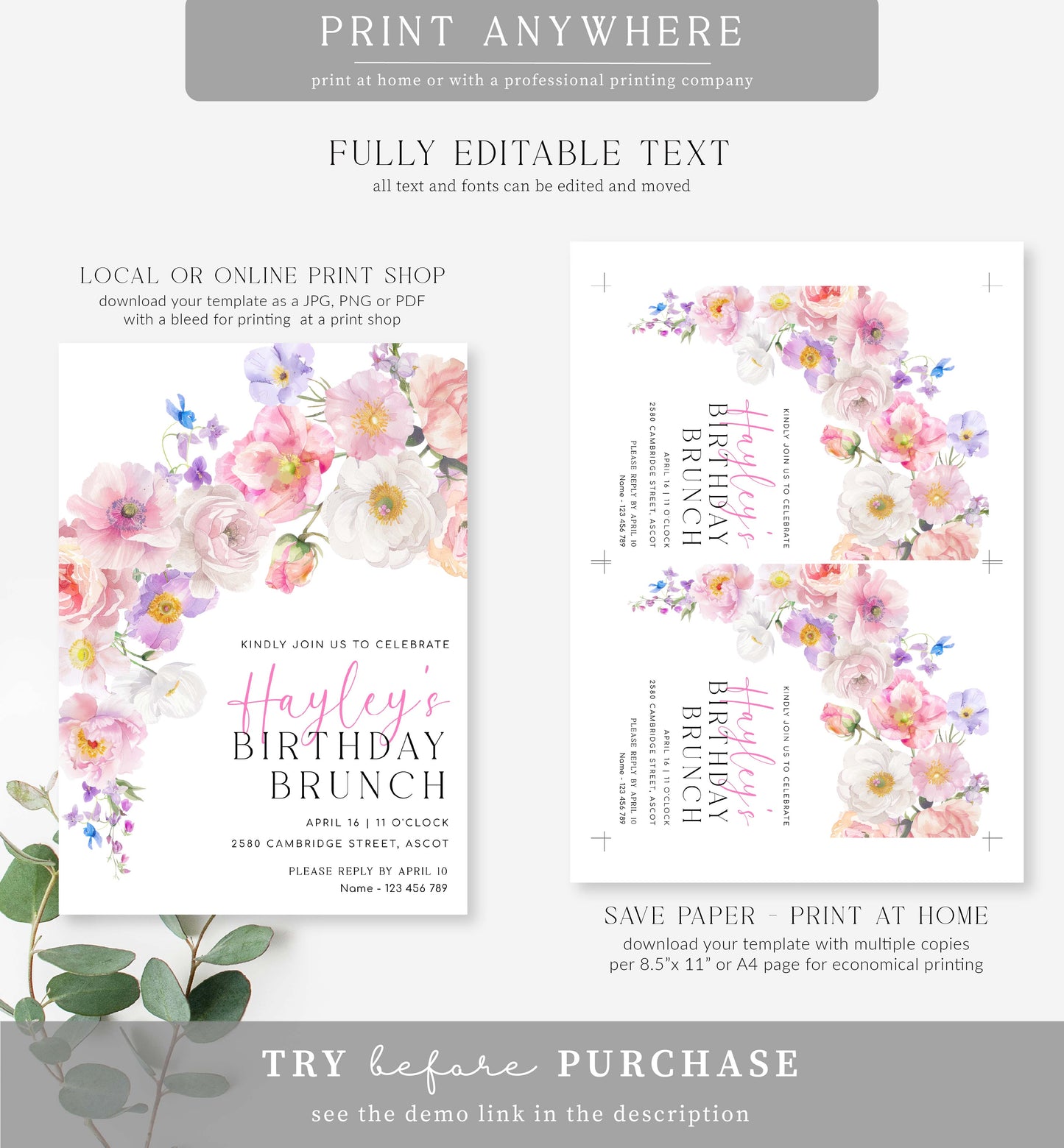 Eloise Floral | Printable Birthday Brunch Invitation Template