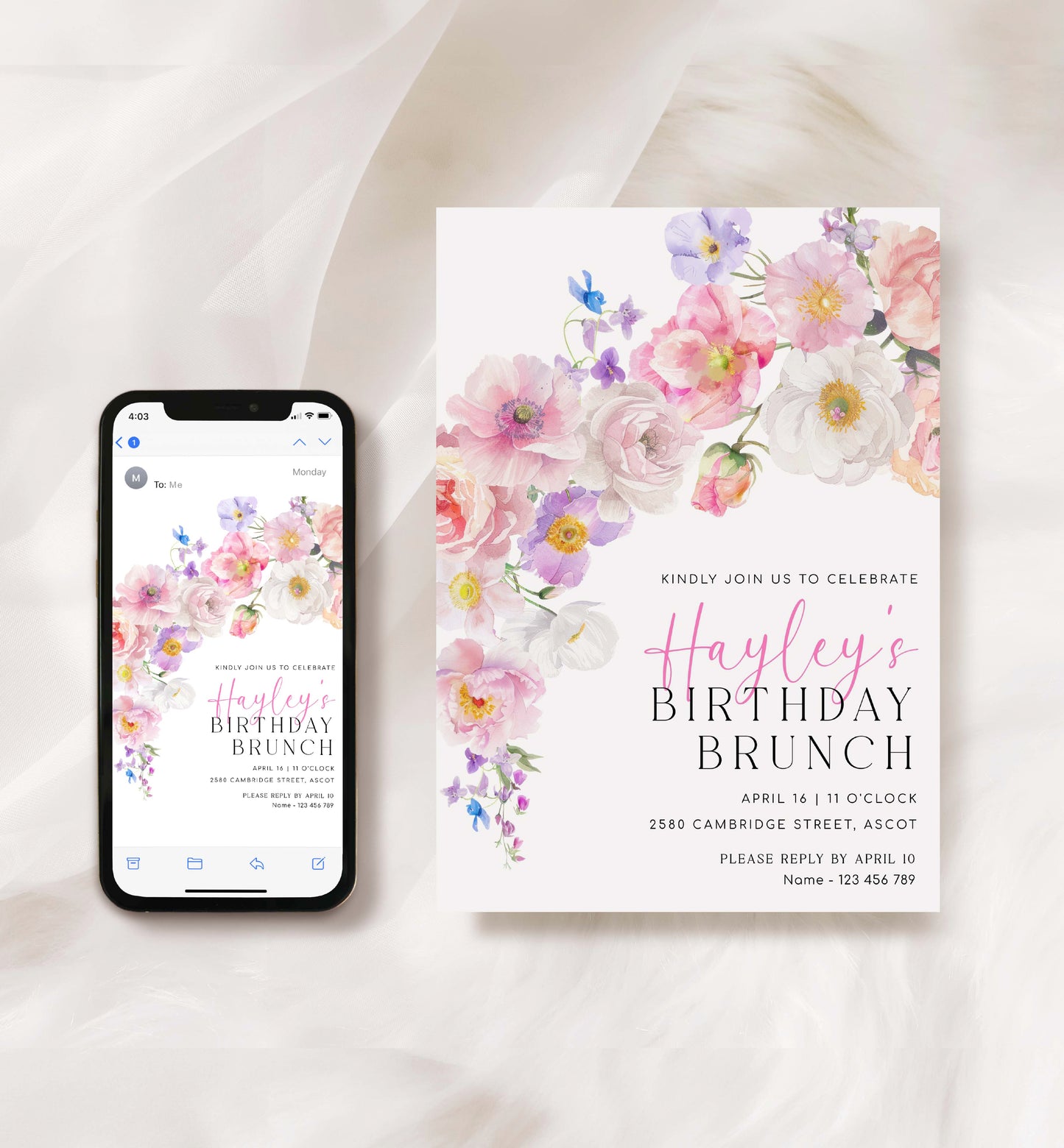 Printable Birthday Brunch Invitation Template, Spring and Summer Wildflowers Birthday Party, Bohemian Boho Floral Birthday Dinner, Eloise
