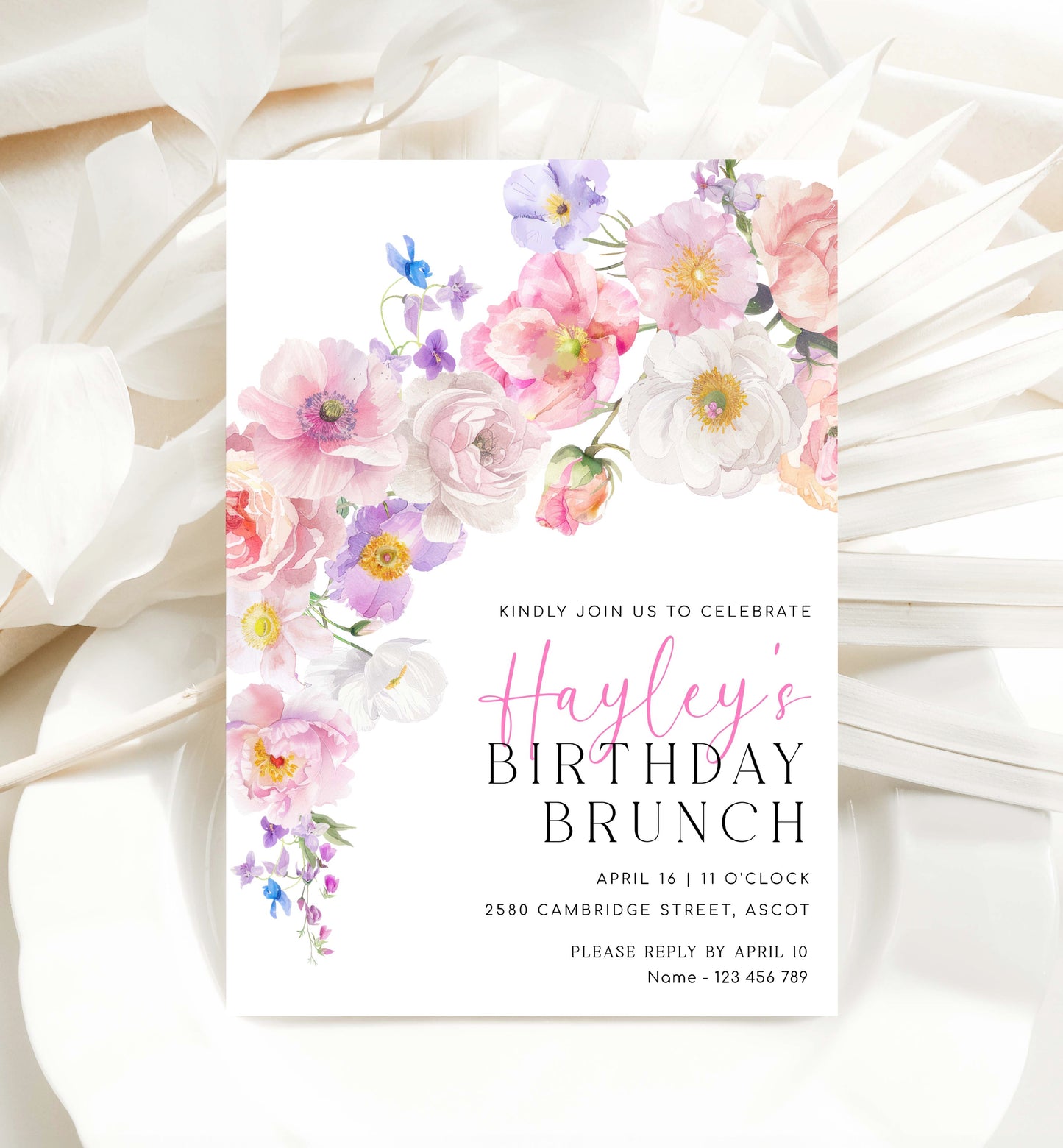 Printable Birthday Brunch Invitation Template, Spring and Summer Wildflowers Birthday Party, Bohemian Boho Floral Birthday Dinner, Eloise