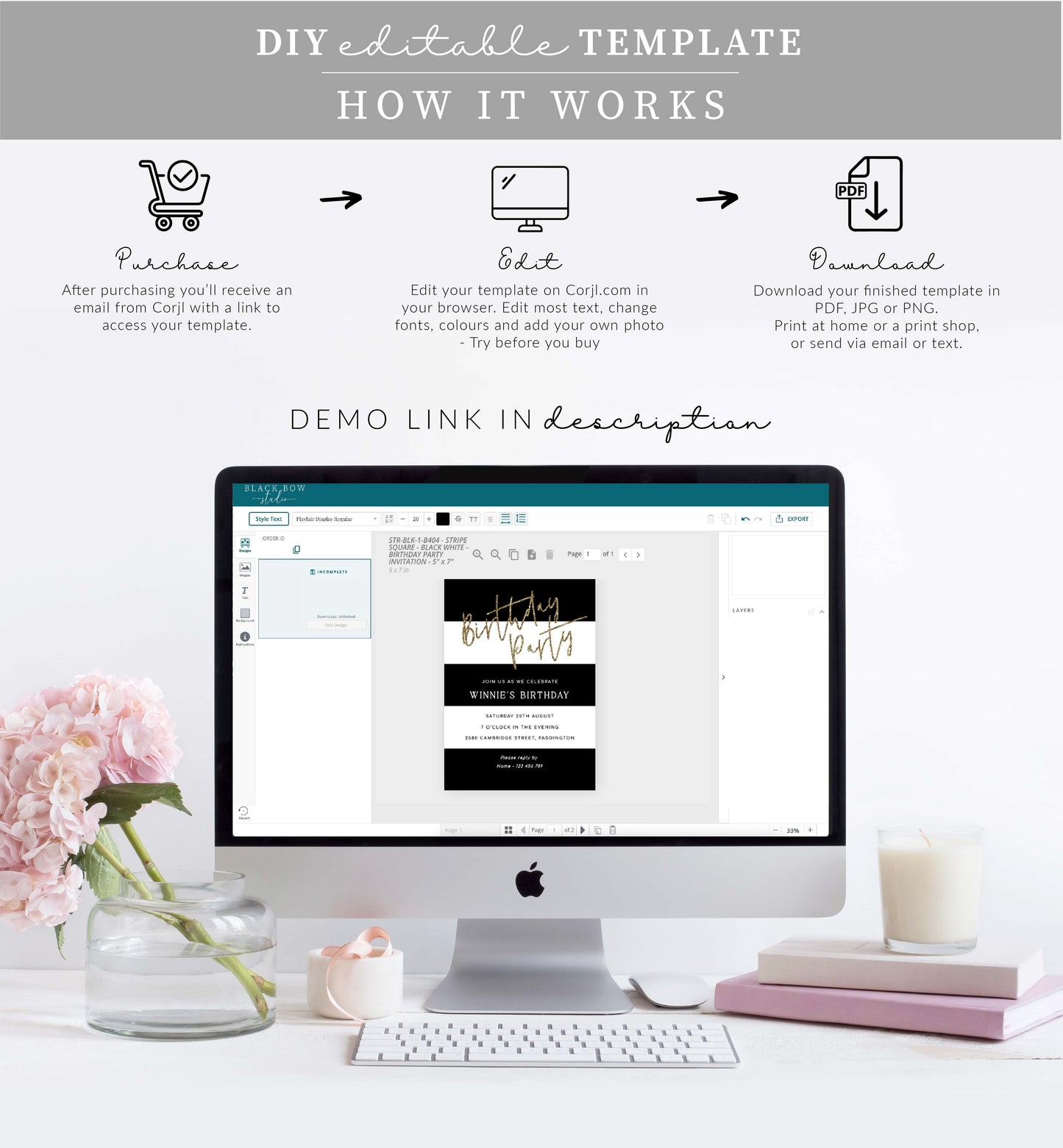 Stripe Black White | Printable Birthday Invitation Template