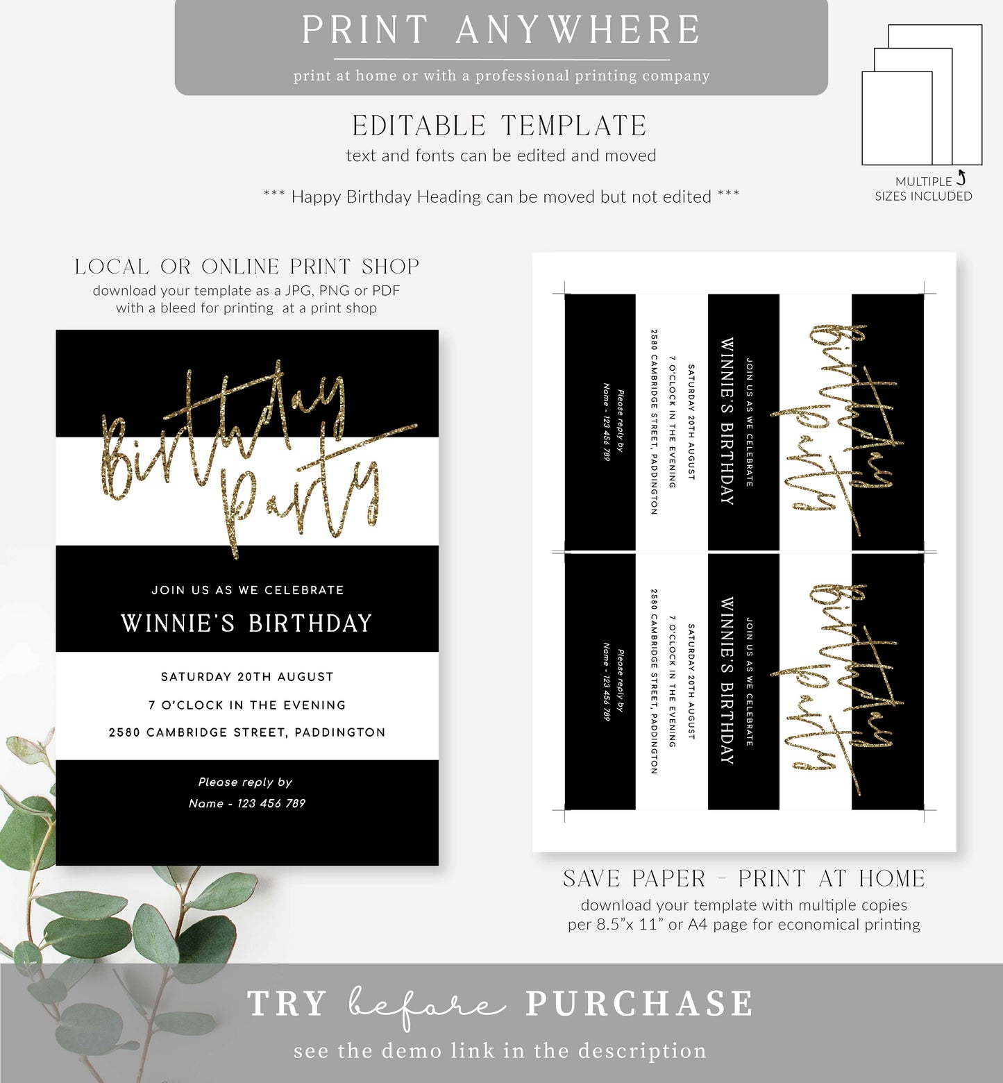 Stripe Black White | Printable Birthday Invitation Template