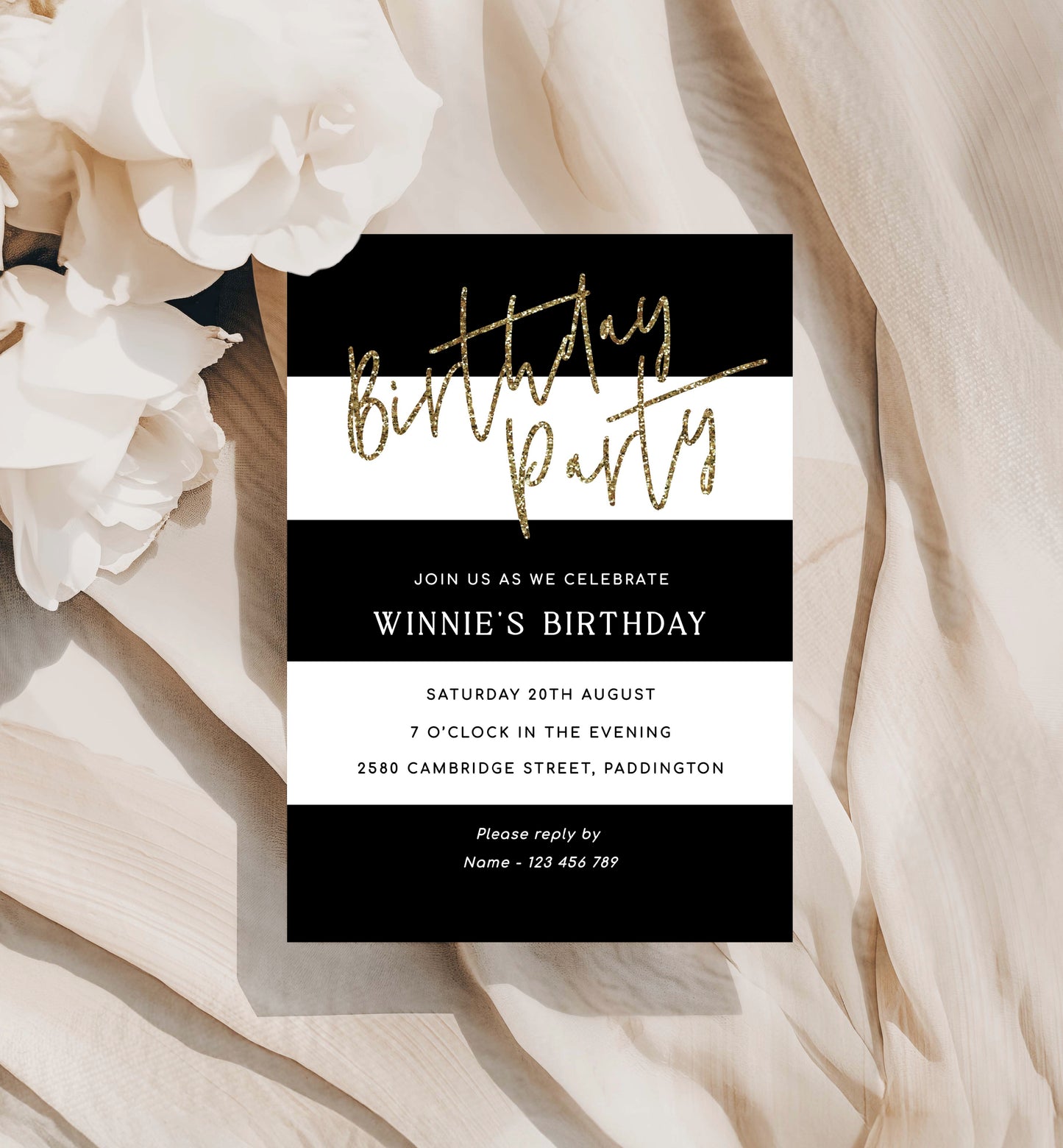 Printable Birthday Party Invitation, Black White Stripe, Girl Birthday Party Invite, Male Birthday Party Invitation, Gold Glitter