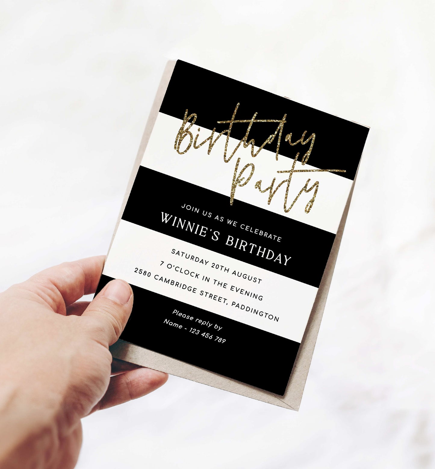 Printable Birthday Party Invitation, Black White Stripe, Girl Birthday Party Invite, Male Birthday Party Invitation, Gold Glitter