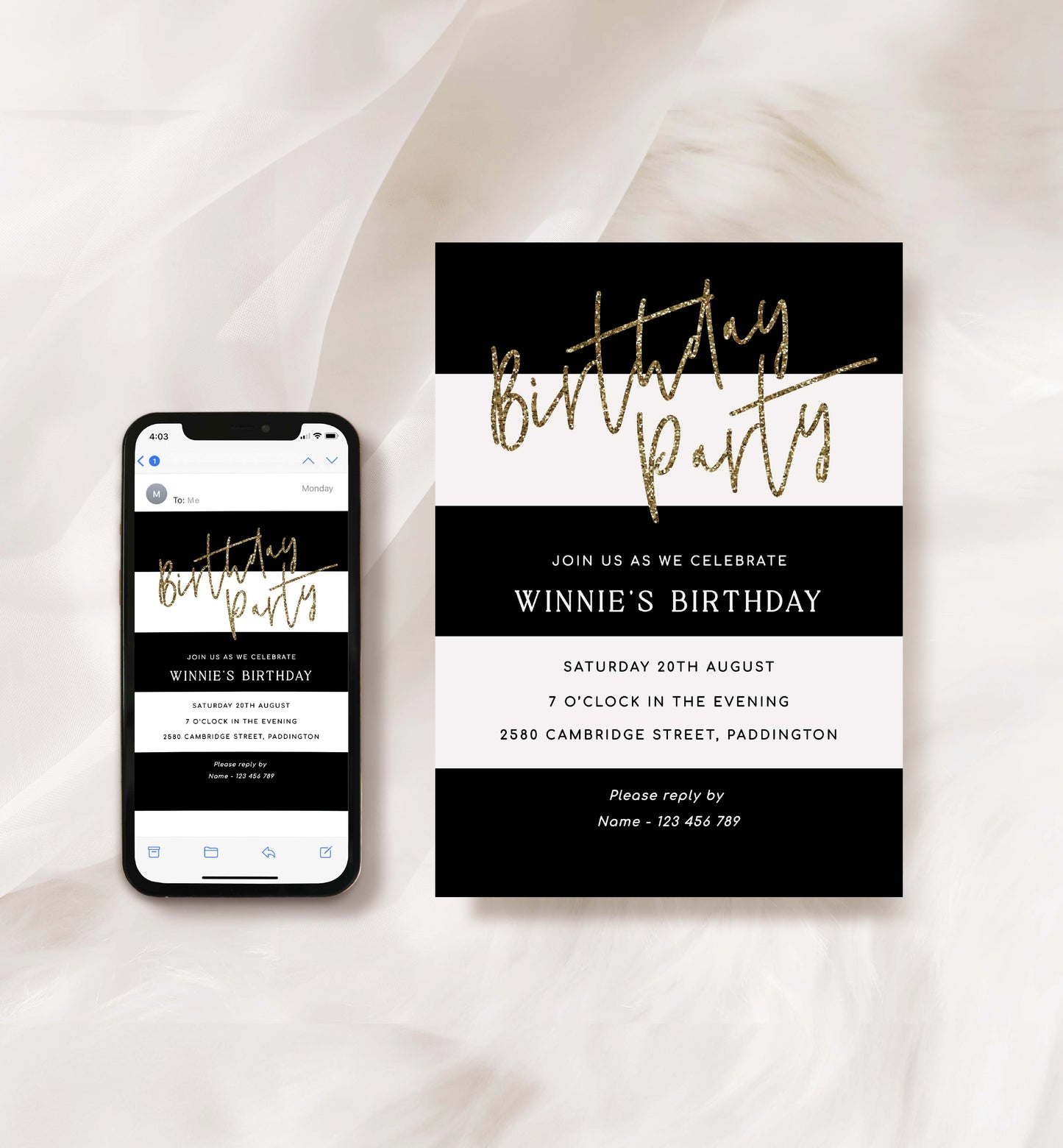 Printable Birthday Party Invitation, Black White Stripe, Girl Birthday Party Invite, Male Birthday Party Invitation, Gold Glitter