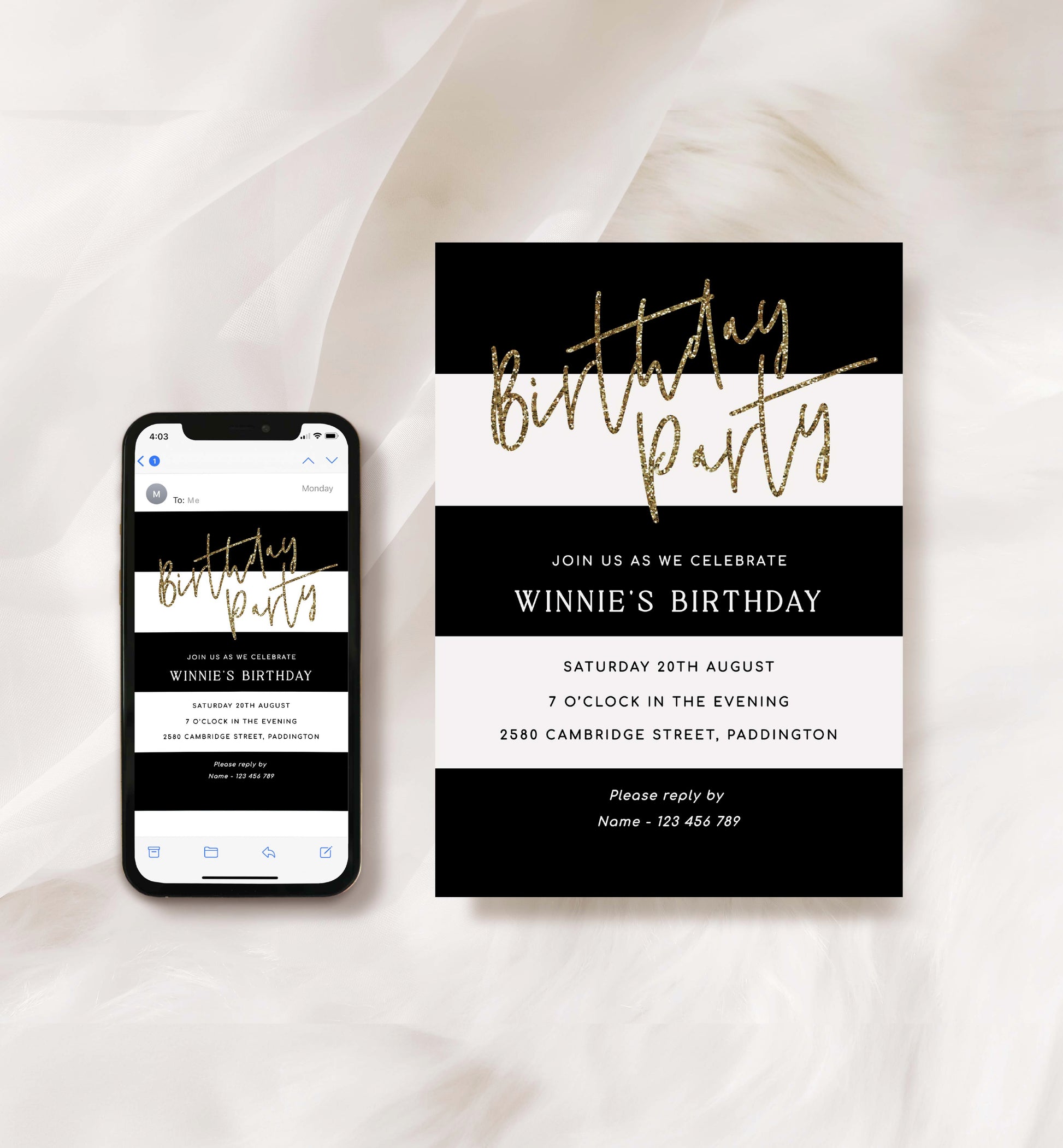 Printable Birthday Party Invitation, Black White Stripe, Girl Birthday Party Invite, Male Birthday Party Invitation, Gold Glitter