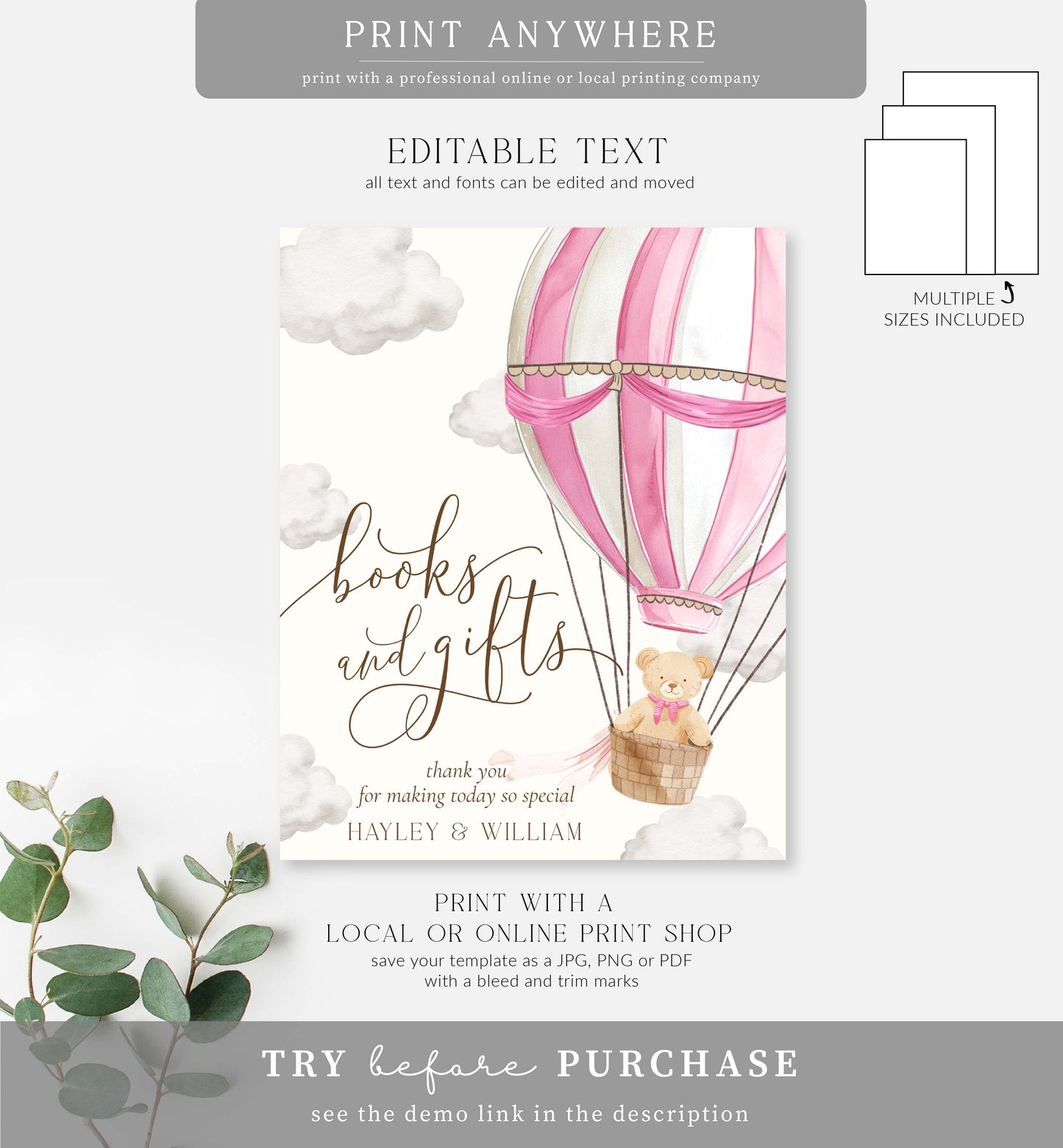 Bearly Wait Pink | Printable Books and Gifts Sign Template