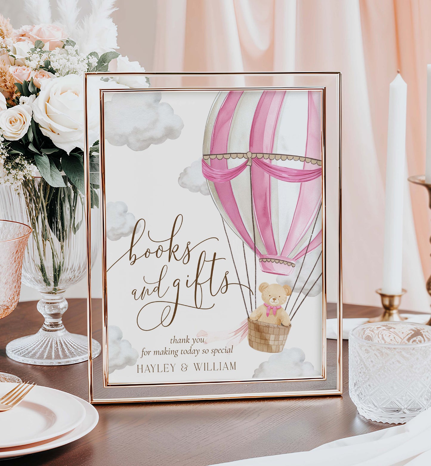 Printable Books and Gifts Sign Template, Bearly Wait Teddy Bear Pink Hot Air Balloon, Girl Baby Shower Present Table Sign, Girl Baby Shower Sign