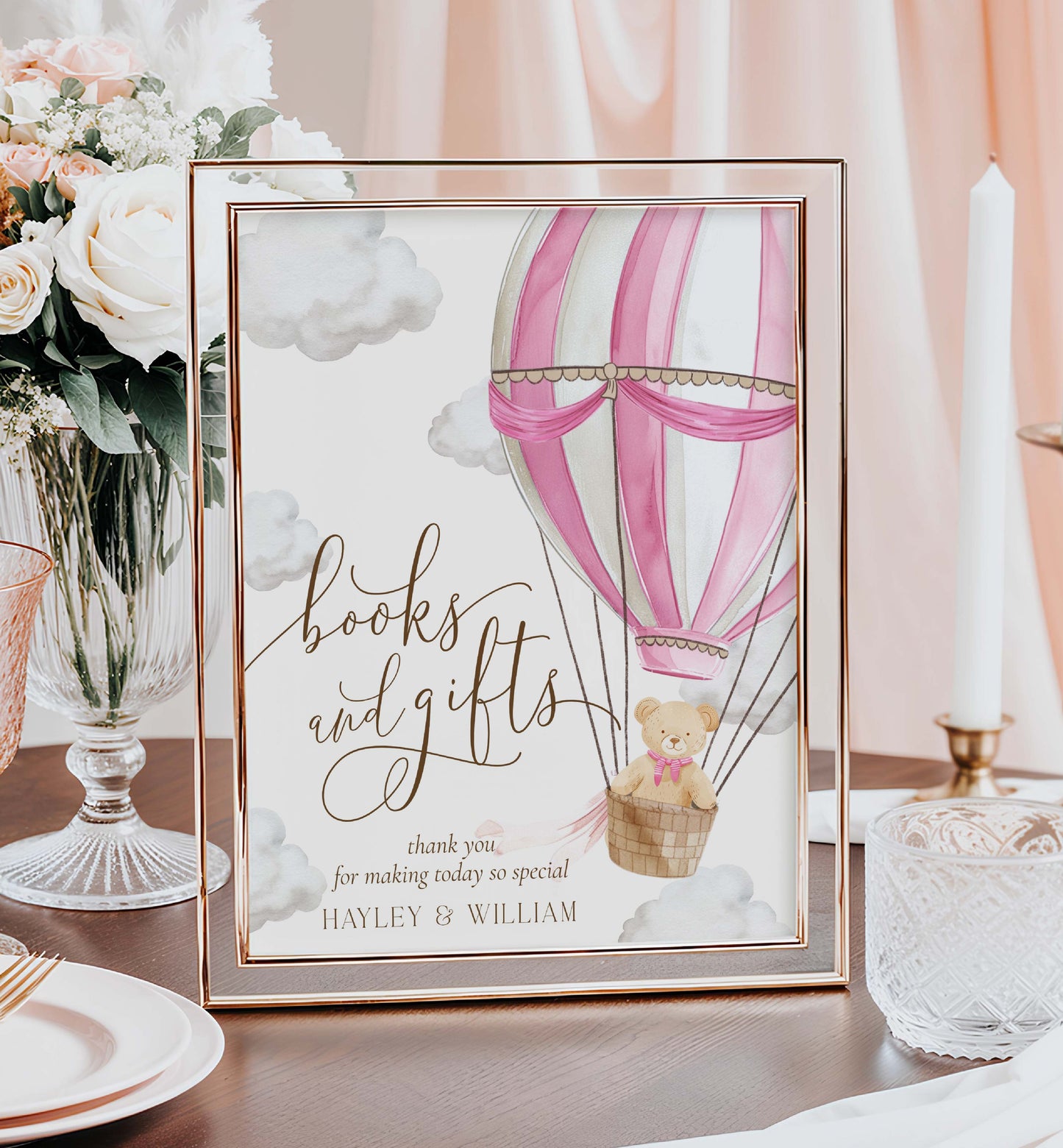 Printable Books and Gifts Sign Template, Bearly Wait Teddy Bear Pink Hot Air Balloon, Girl Baby Shower Present Table Sign, Girl Baby Shower Sign