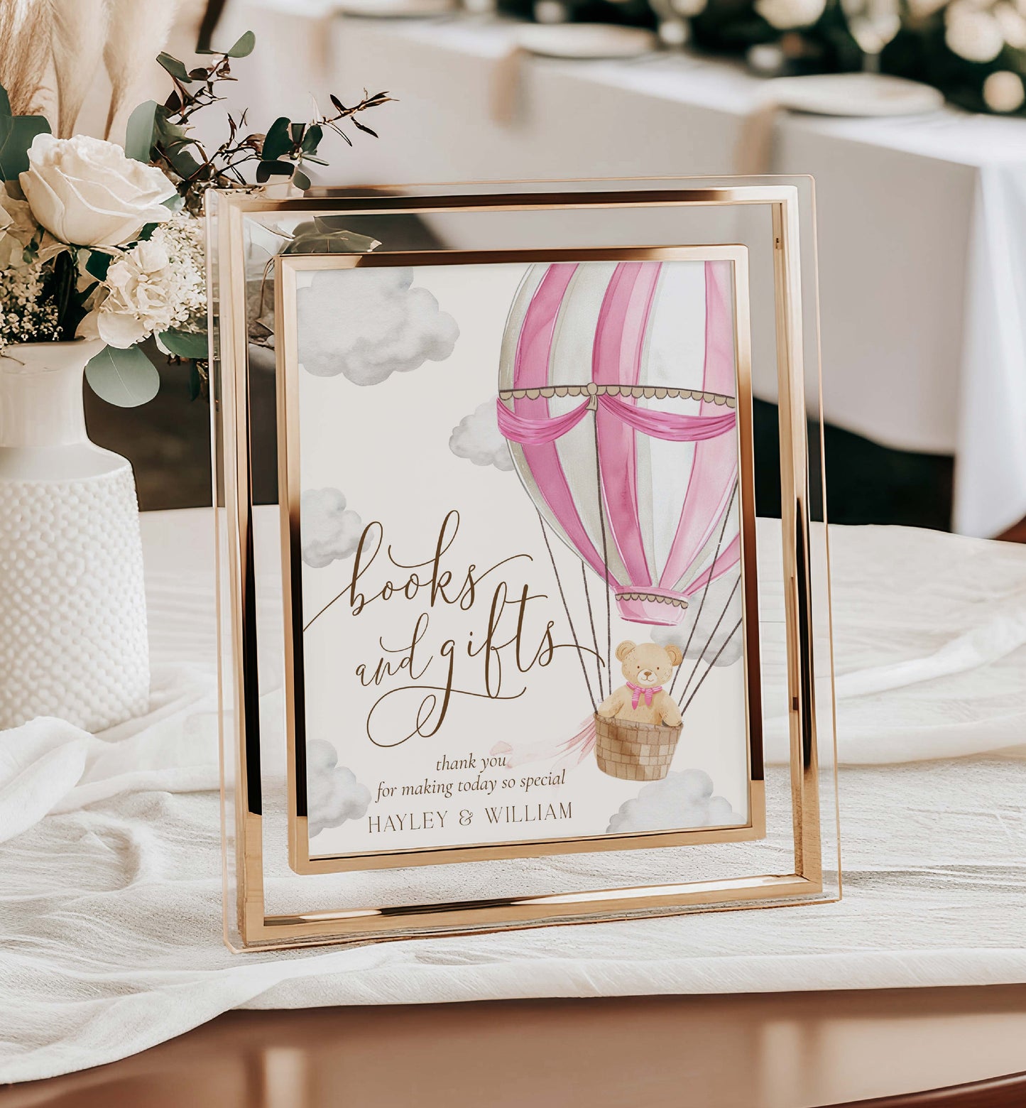 Printable Books and Gifts Sign Template, Bearly Wait Teddy Bear Pink Hot Air Balloon, Girl Baby Shower Present Table Sign, Girl Baby Shower Sign
