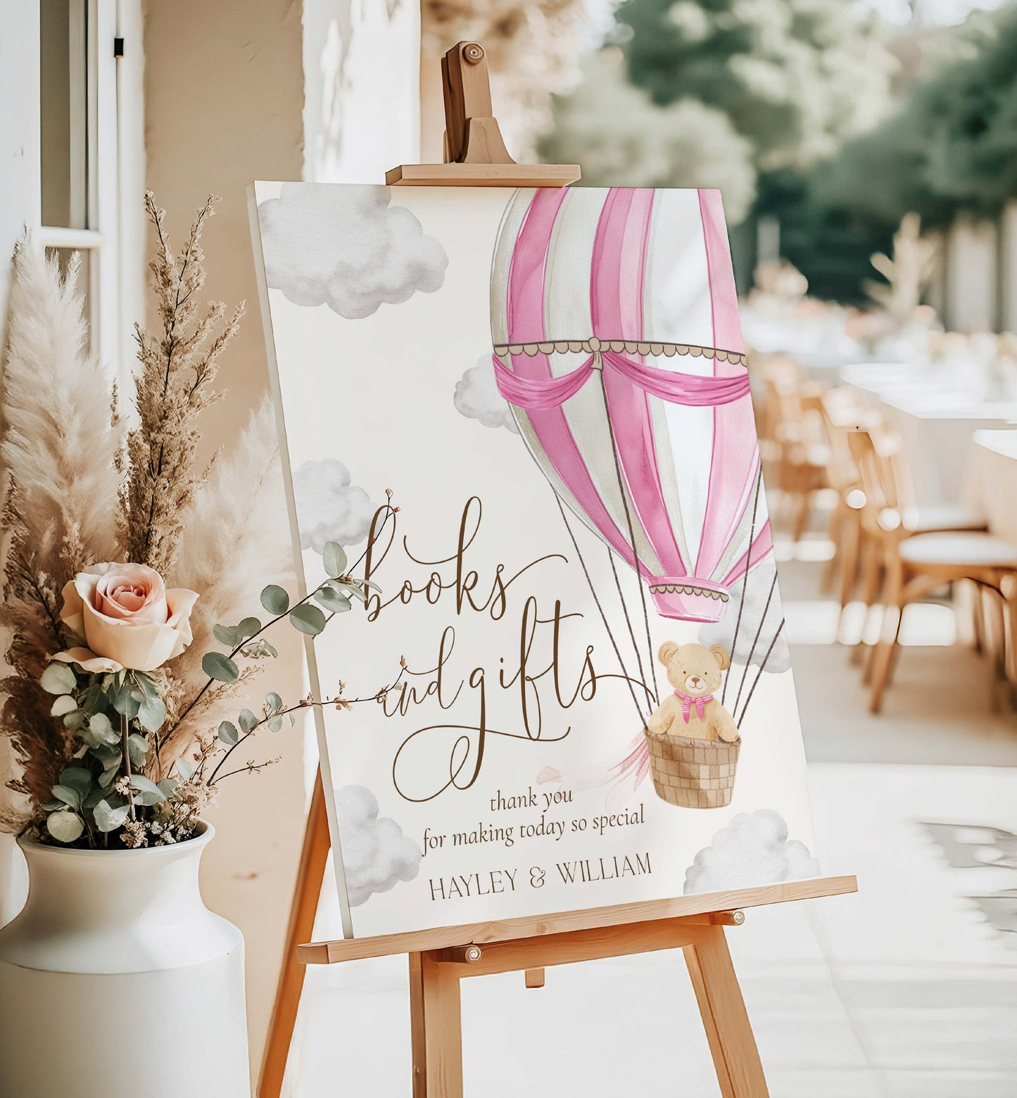 Printable Books and Gifts Sign Template, Bearly Wait Teddy Bear Pink Hot Air Balloon, Girl Baby Shower Present Table Sign, Girl Baby Shower Sign