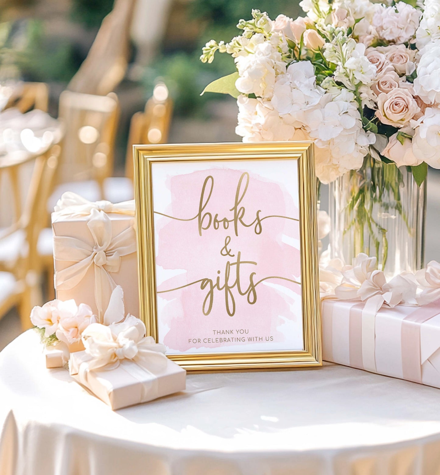 Decorative table setting with a 'books & gifts' sign, flowers, and presents. Printable Books and Gifts Sign, Pink Watercolour Girl Baby Shower Sign, Baby Shower Gift Table, Baby Shower Present Table Sign
