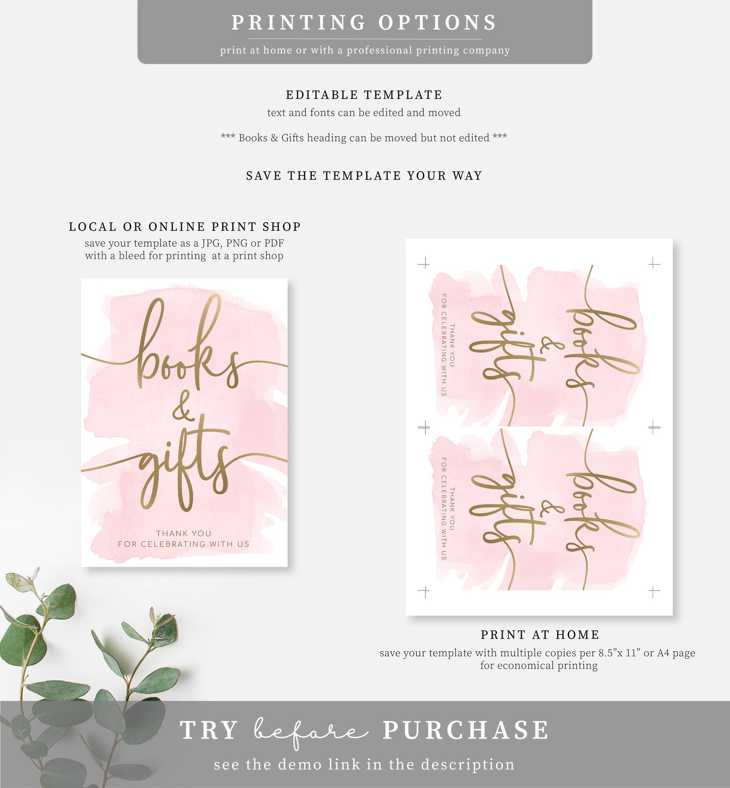 Watercolour Pink Gold | Printable Books and Gifts Sign Template