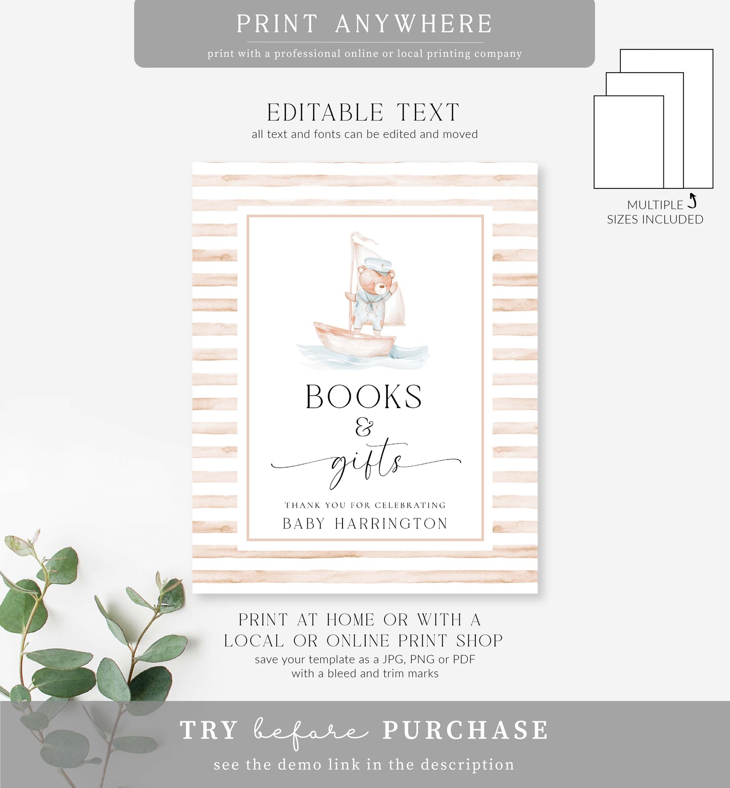 Sailor Bear Tan | Printable Books and Gifts Sign Template
