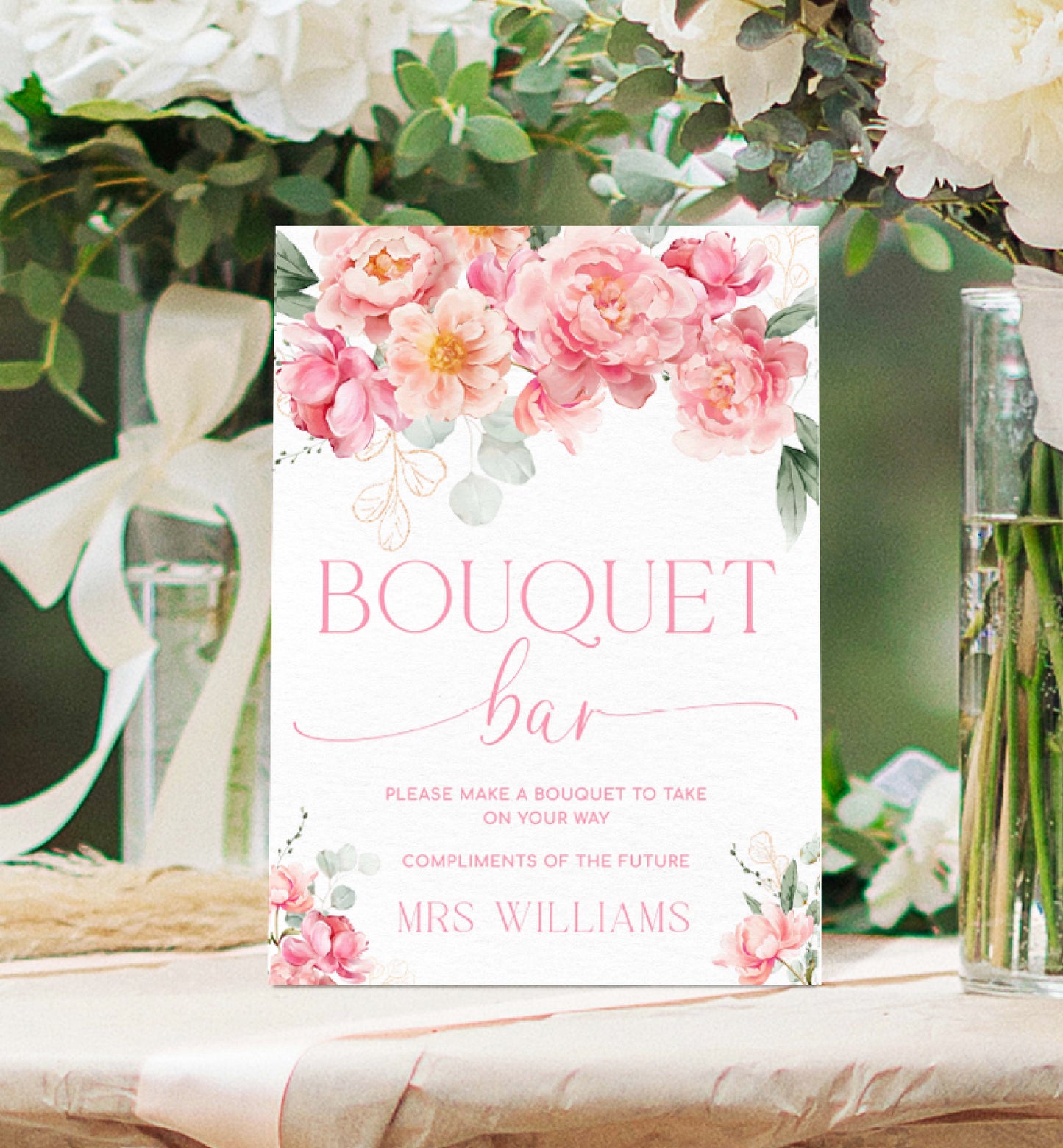 Printable Bouquet Bar Sign, Flower Bar Sign, Bridal Shower Bouquet Station Sign, Hot Pink Peony, Blush Floral Flower Favor Sign, Piper
