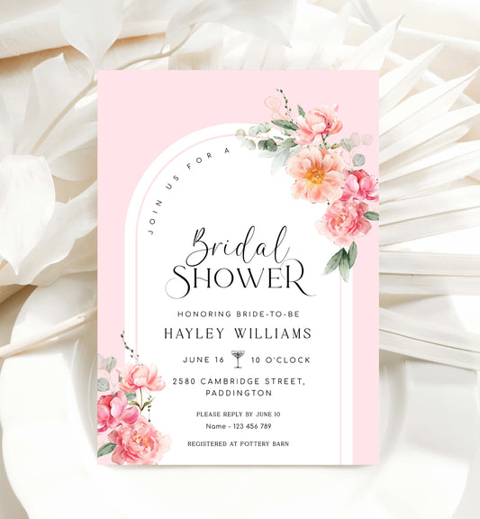 Pink Peony Bridal Shower Arch Invitation Template, Printable Spring Floral Bridal Shower Invite, Hot Pink Floral Hens Party Invite, Piper