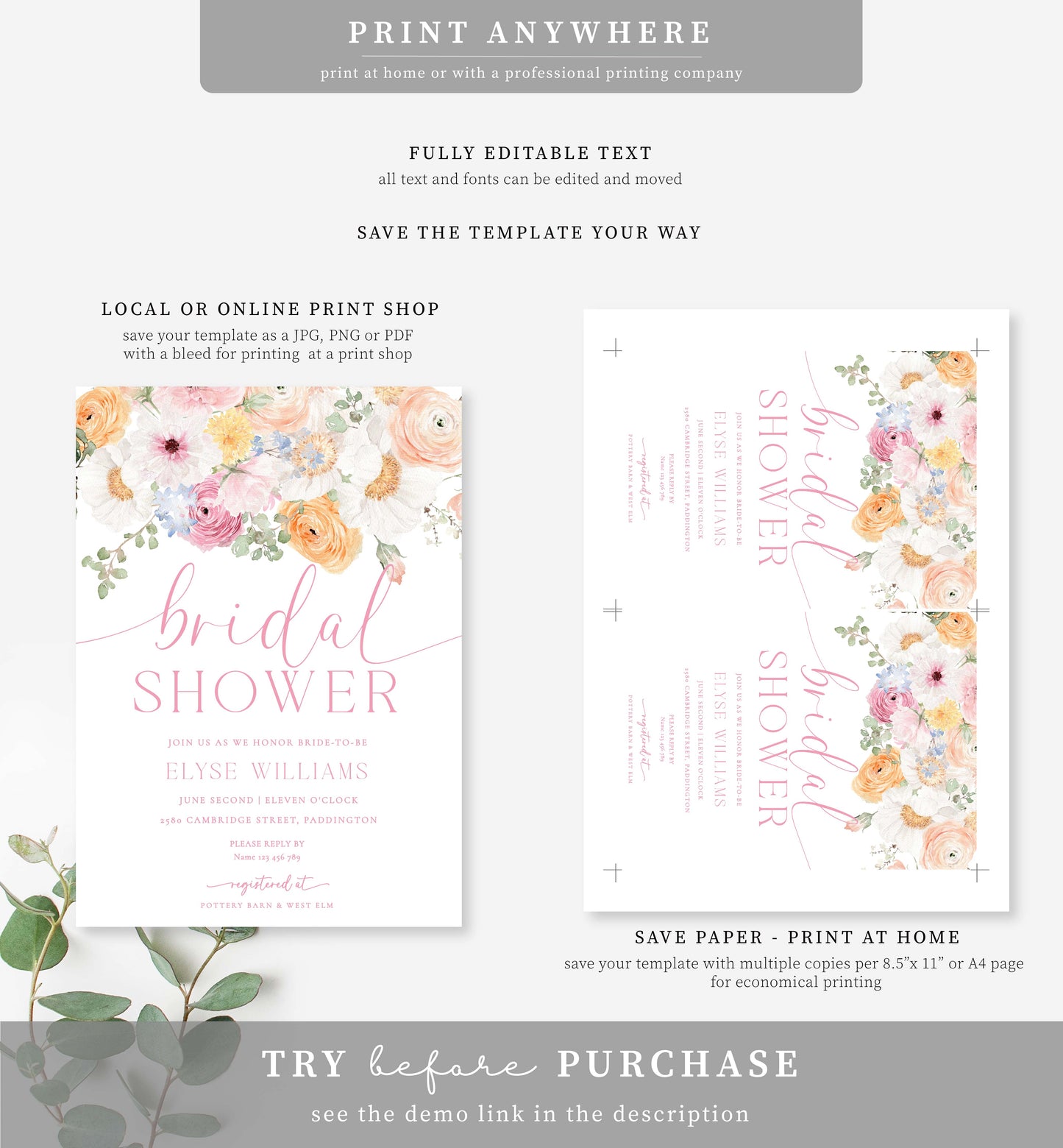 Millie Floral White | Printable Bridal Shower Invitation Template