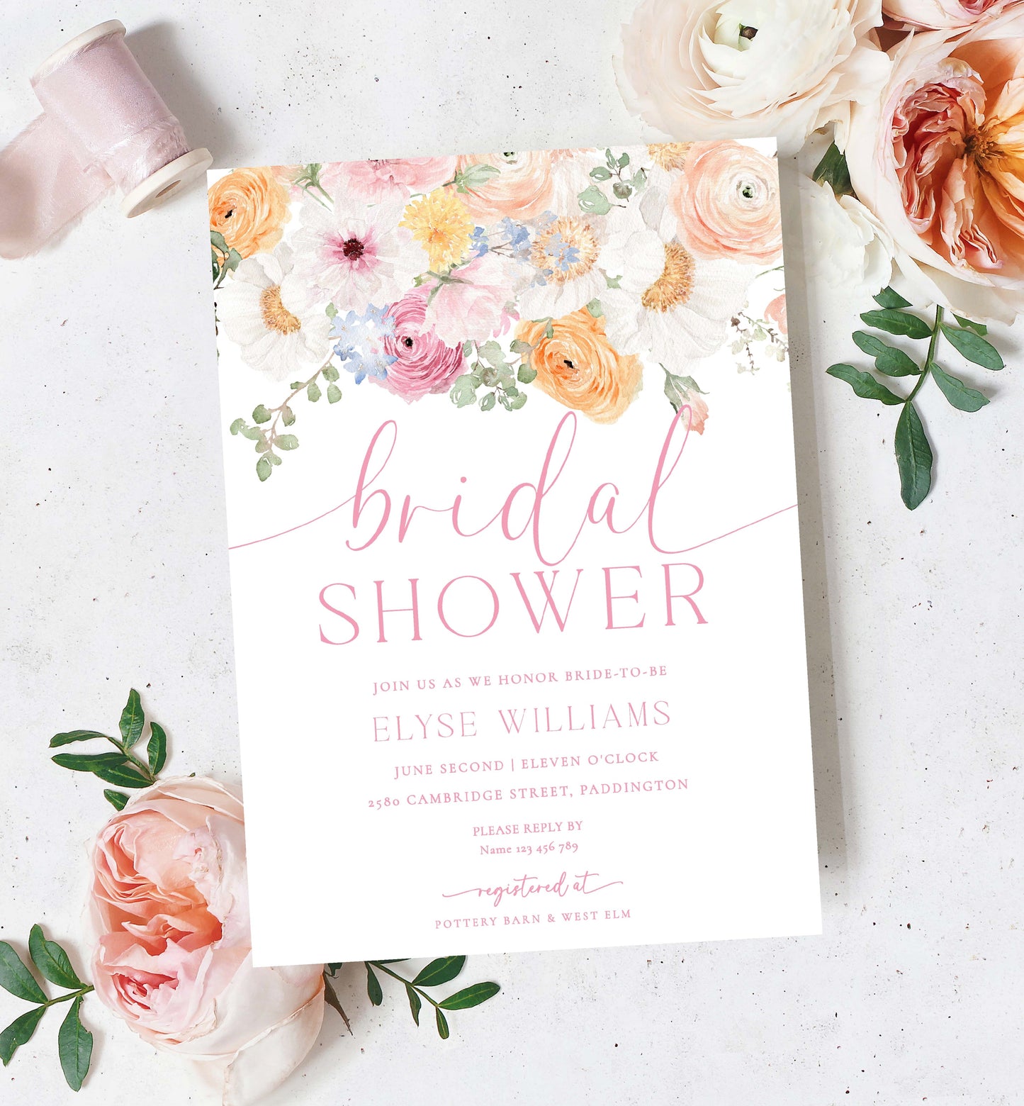 Printable Bridal Shower Invitation Template, Printable Spring Floral Bridal Shower Invite, Pink Wildflower Floral Bridal Shower, Millie