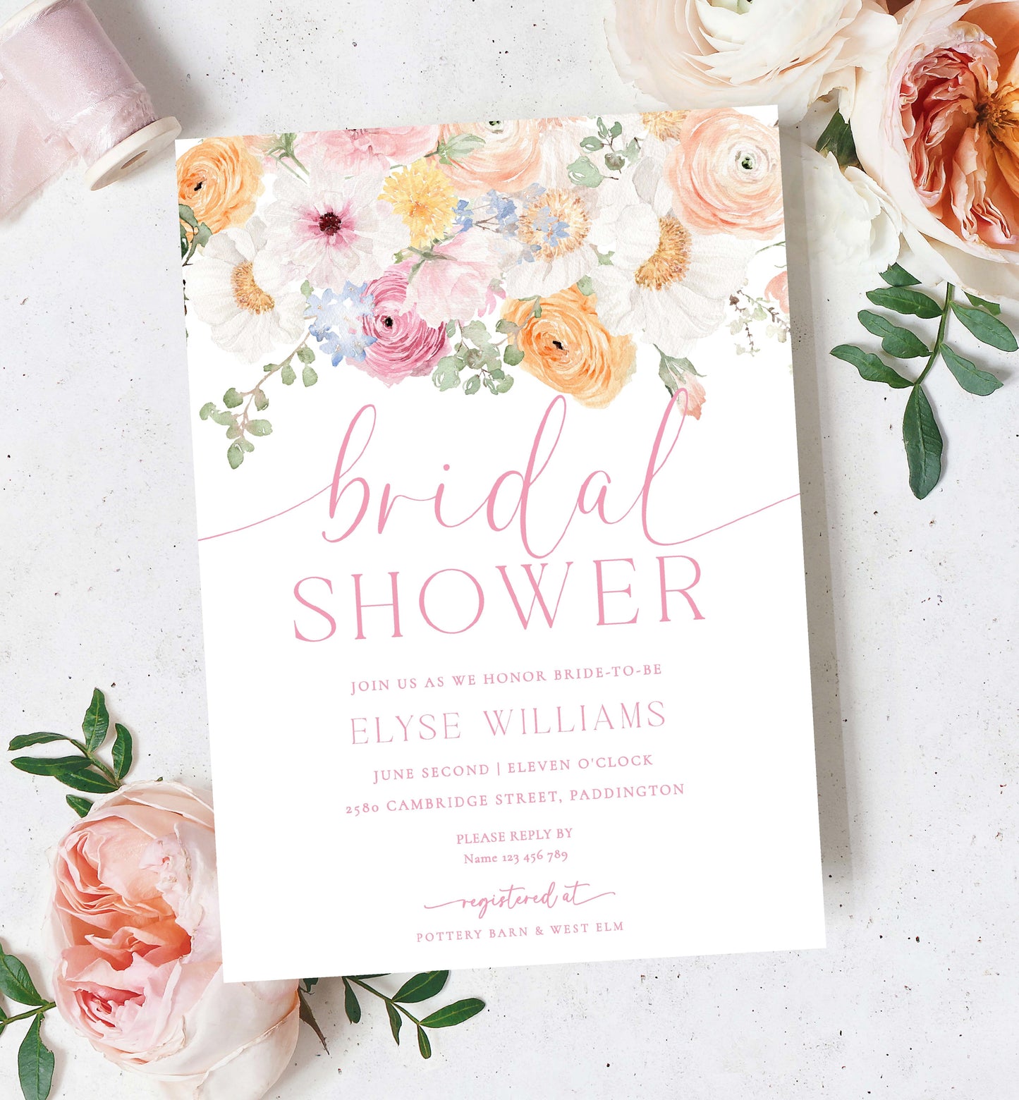 Printable Bridal Shower Invitation Template, Printable Spring Floral Bridal Shower Invite, Pink Wildflower Floral Bridal Shower, Millie