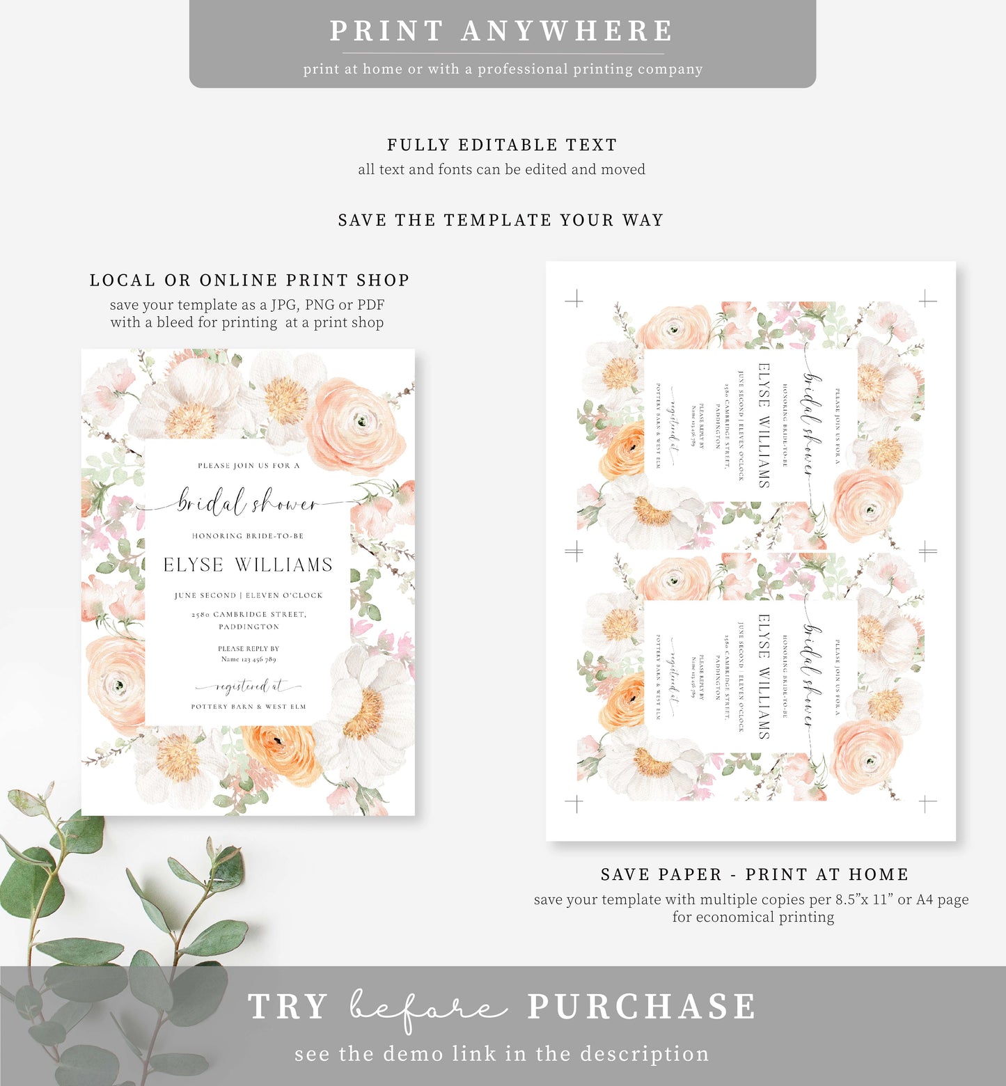 Millie Floral White | Printable Bridal Shower Invitation Suite Template