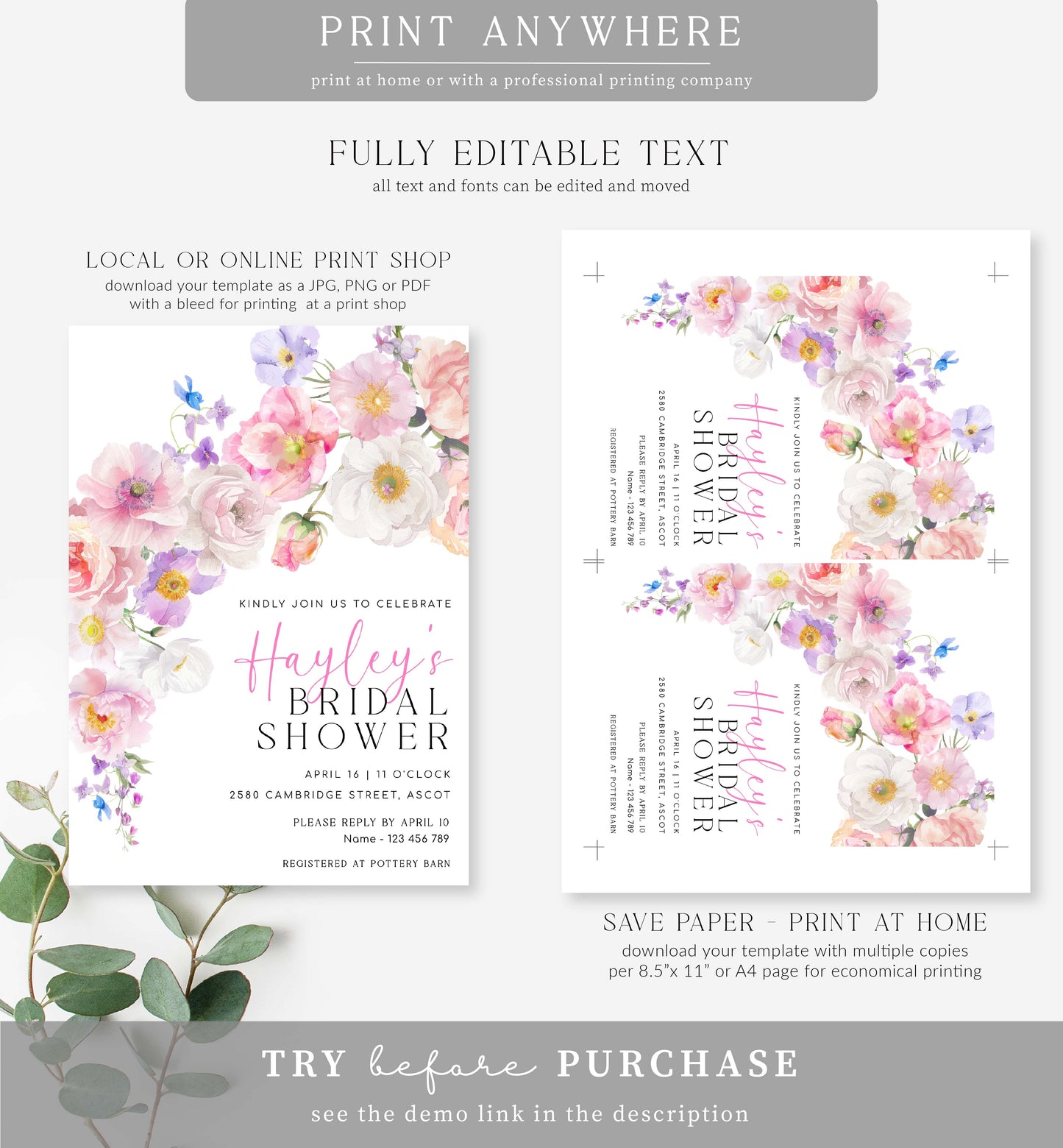 Eloise Floral | Printable Bridal Shower Invitation Template