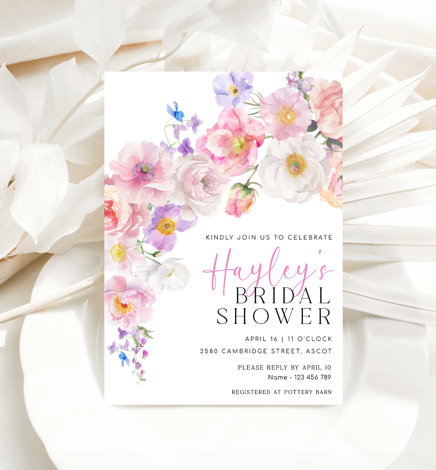 Wildflowers Bridal Shower Invitation Template, Printable Blush Pink Spring Floral Bridal Shower Invite, Hot Pink Floral Bridal Shower, Eloise