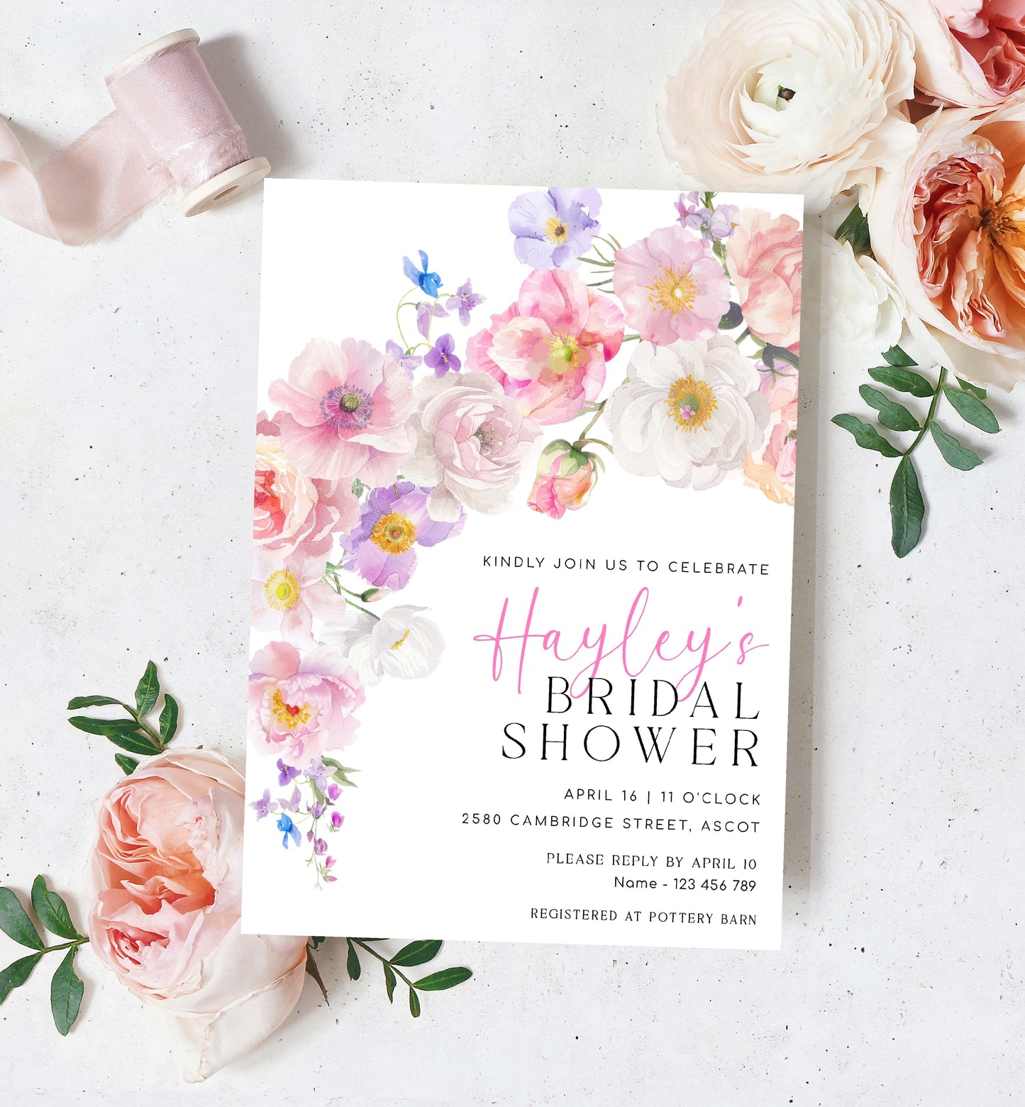 Wildflowers Bridal Shower Invitation Template, Printable Blush Pink Spring Floral Bridal Shower Invite, Hot Pink Floral Bridal Shower, Eloise