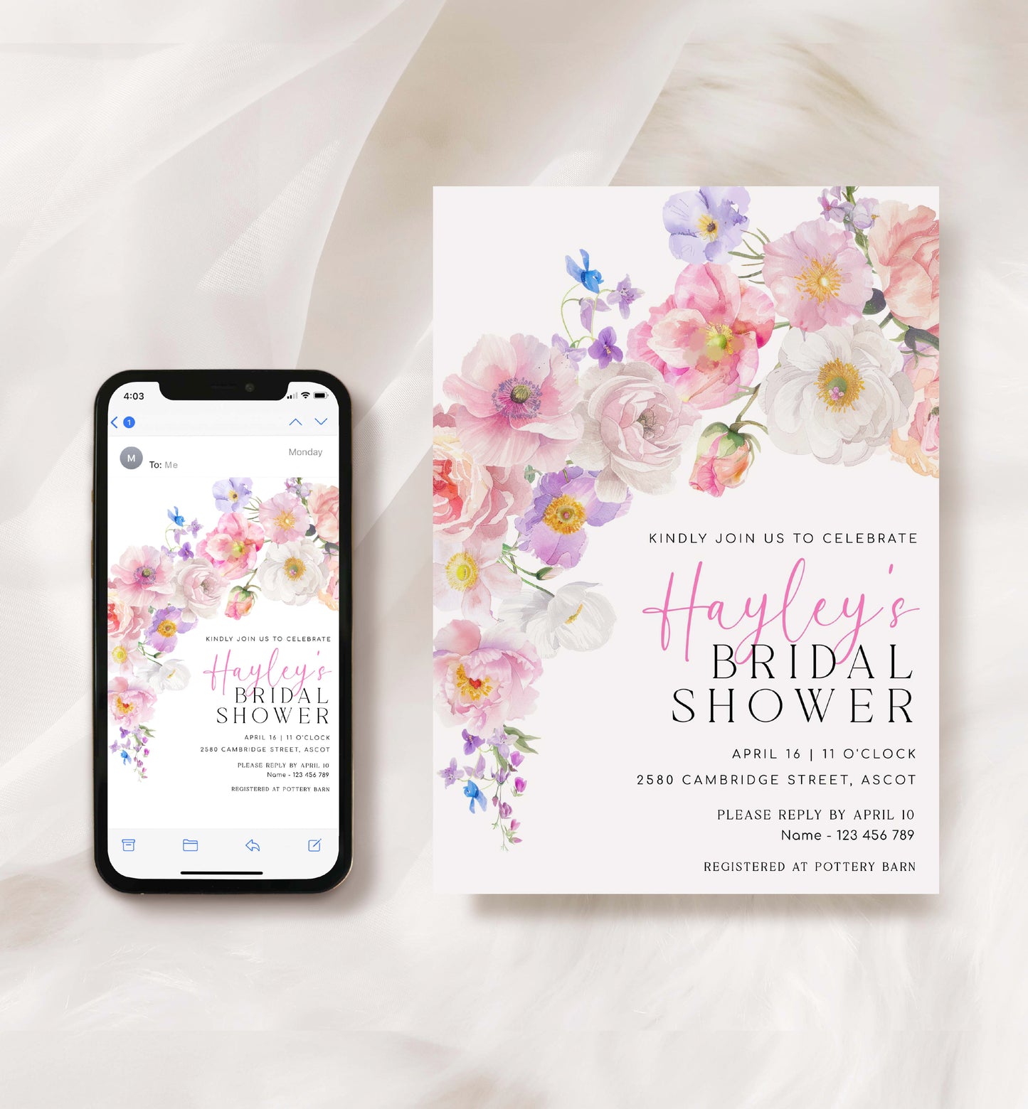 Wildflowers Bridal Shower Invitation Template, Printable Blush Pink Spring Floral Bridal Shower Invite, Hot Pink Floral Bridal Shower, Eloise