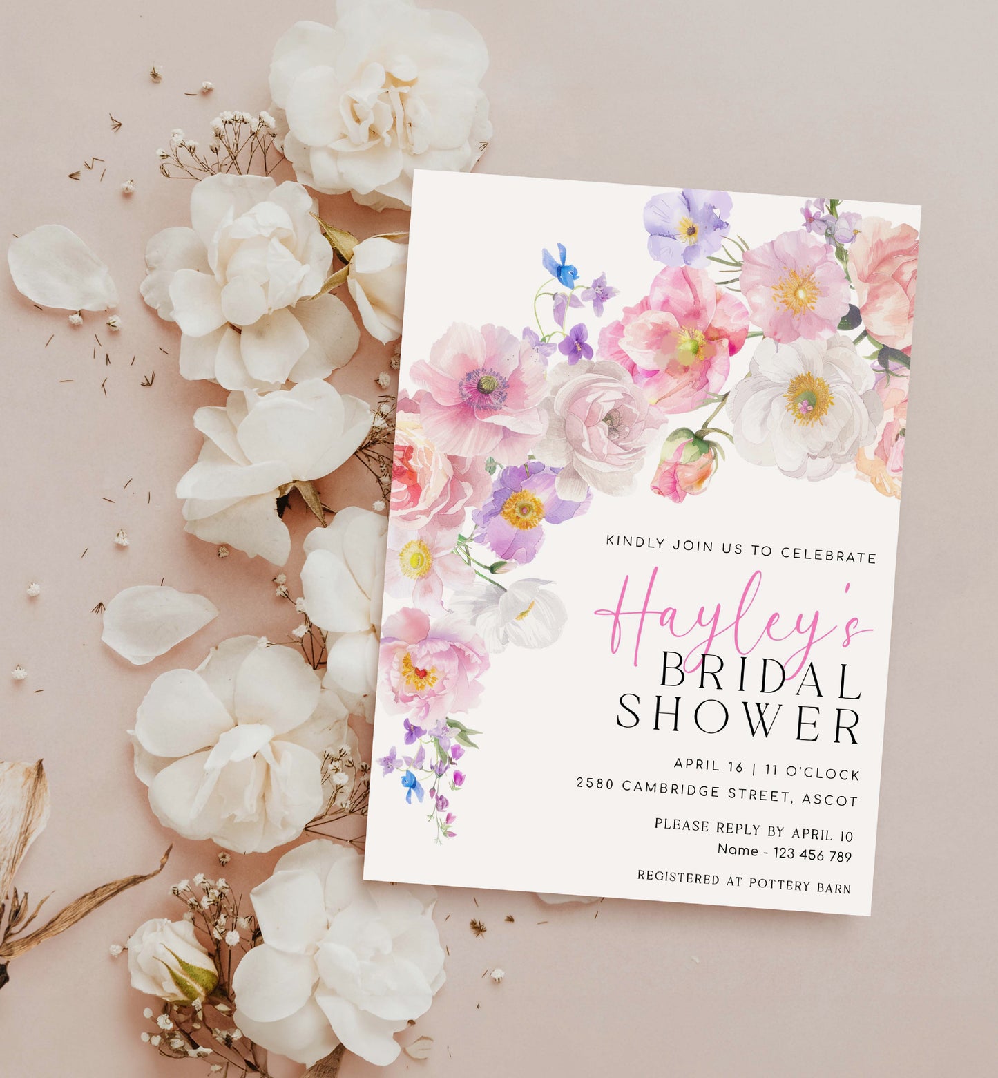 Wildflowers Bridal Shower Invitation Template, Printable Blush Pink Spring Floral Bridal Shower Invite, Hot Pink Floral Bridal Shower, Eloise