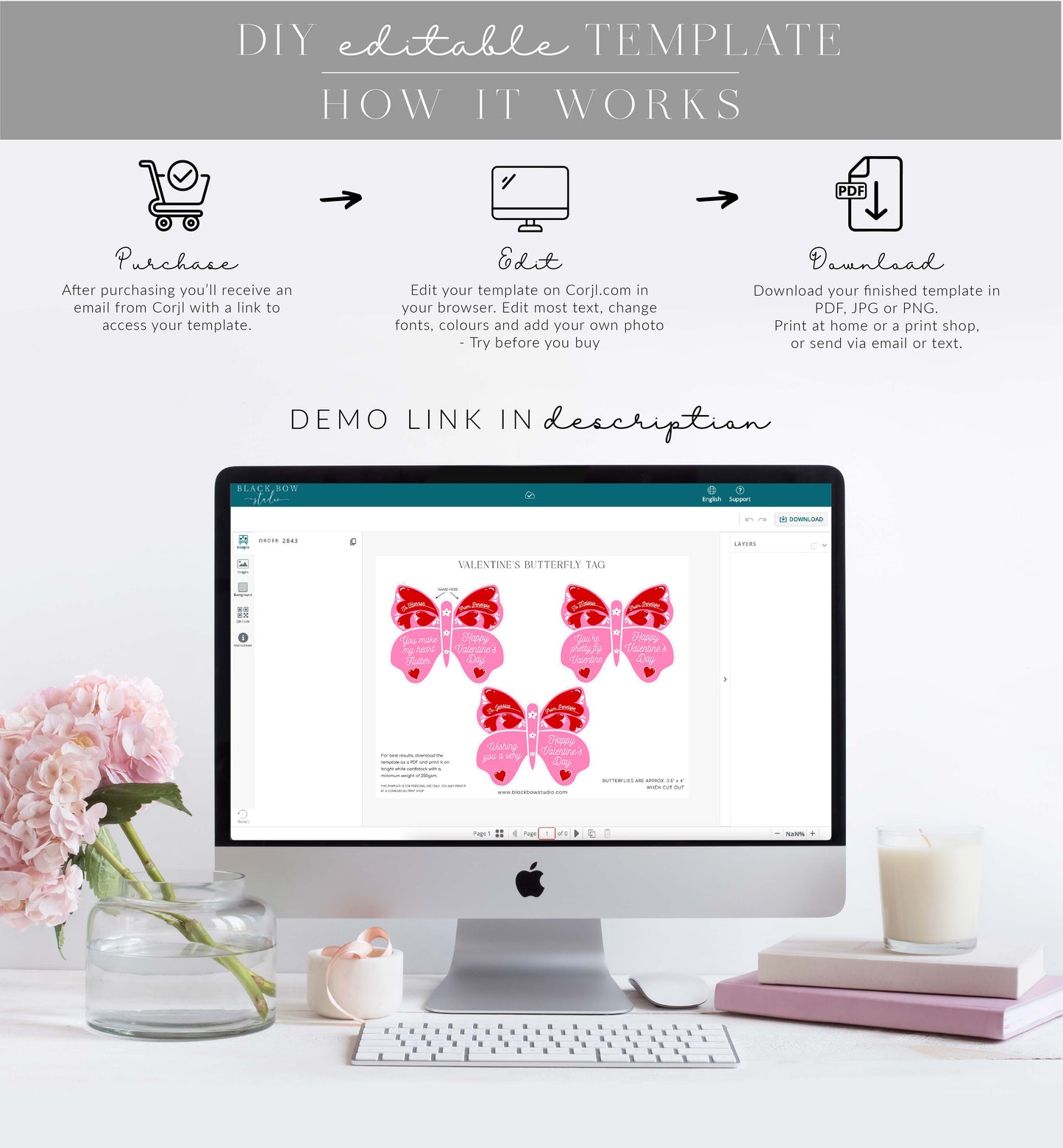 Valentine Red Pink | Printable Butterfly Lollipop Tag Template