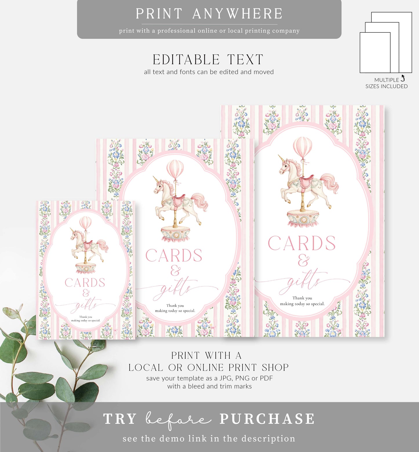 Carousel Pink | Printable Cards and Gifts Sign Template