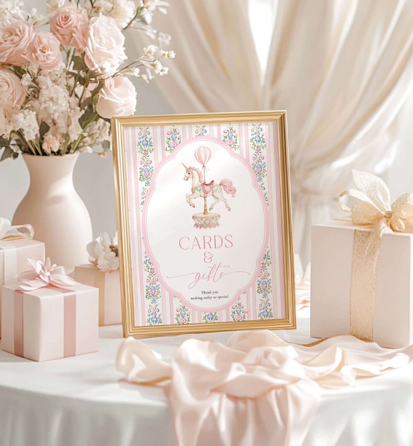 Decorative sign with floral design and text, surrounded by flowers and gifts on a table. Printable Cards and Gifts Sign, Vintage Carousel Unicorn Horse, Present Table Sign, Girl Baby Shower Sign, First Birthday Gift Table Sign