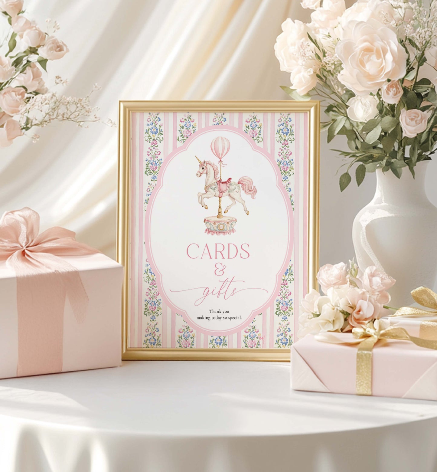 Decorative sign with 'Cards & Gifts' text, framed in gold, surrounded by floral arrangements and gift boxes on a white surface. Printable Cards and Gifts Sign, Vintage Carousel Unicorn Horse, Present Table Sign, Girl Baby Shower Sign, First Birthday Gift Table Sign