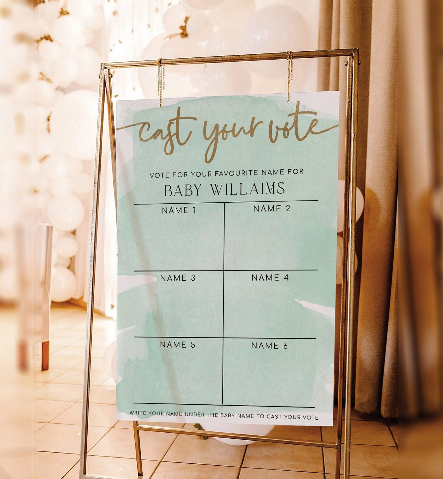 Cast Your Vote Baby Name Voting Poster Template, Green Watercolour Guess The Baby Name Voting Sign, Printable Gender Neutral Baby Shower Game Sign