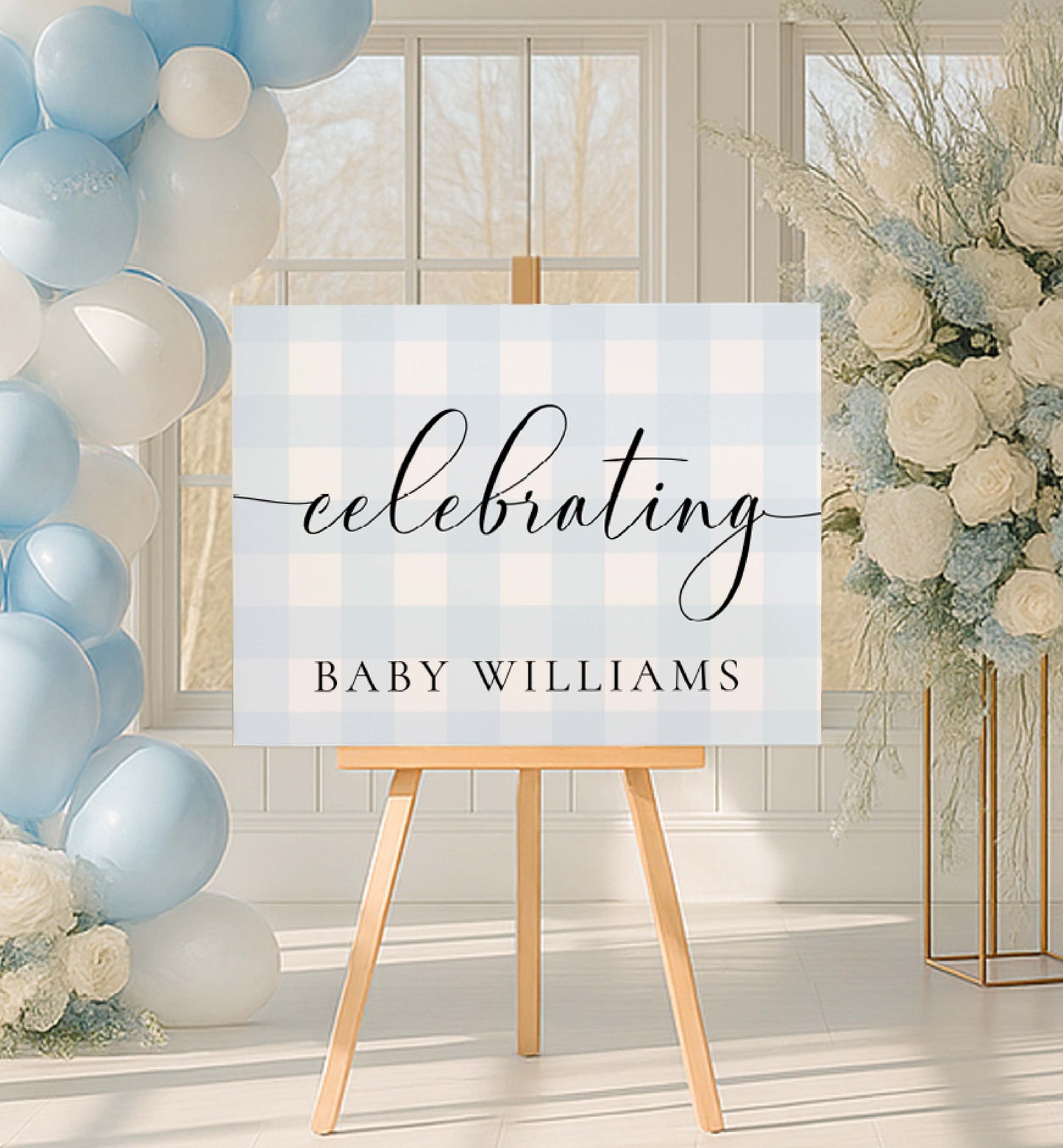 Baby shower celebration sign with balloons and flowers in a room. Celebrating Welcome Sign Printable Template, Blue Gingham, Boy Baby Shower Pale Blue Check Welcome Sign, Boy Birthday Sign, Blue White Plaid