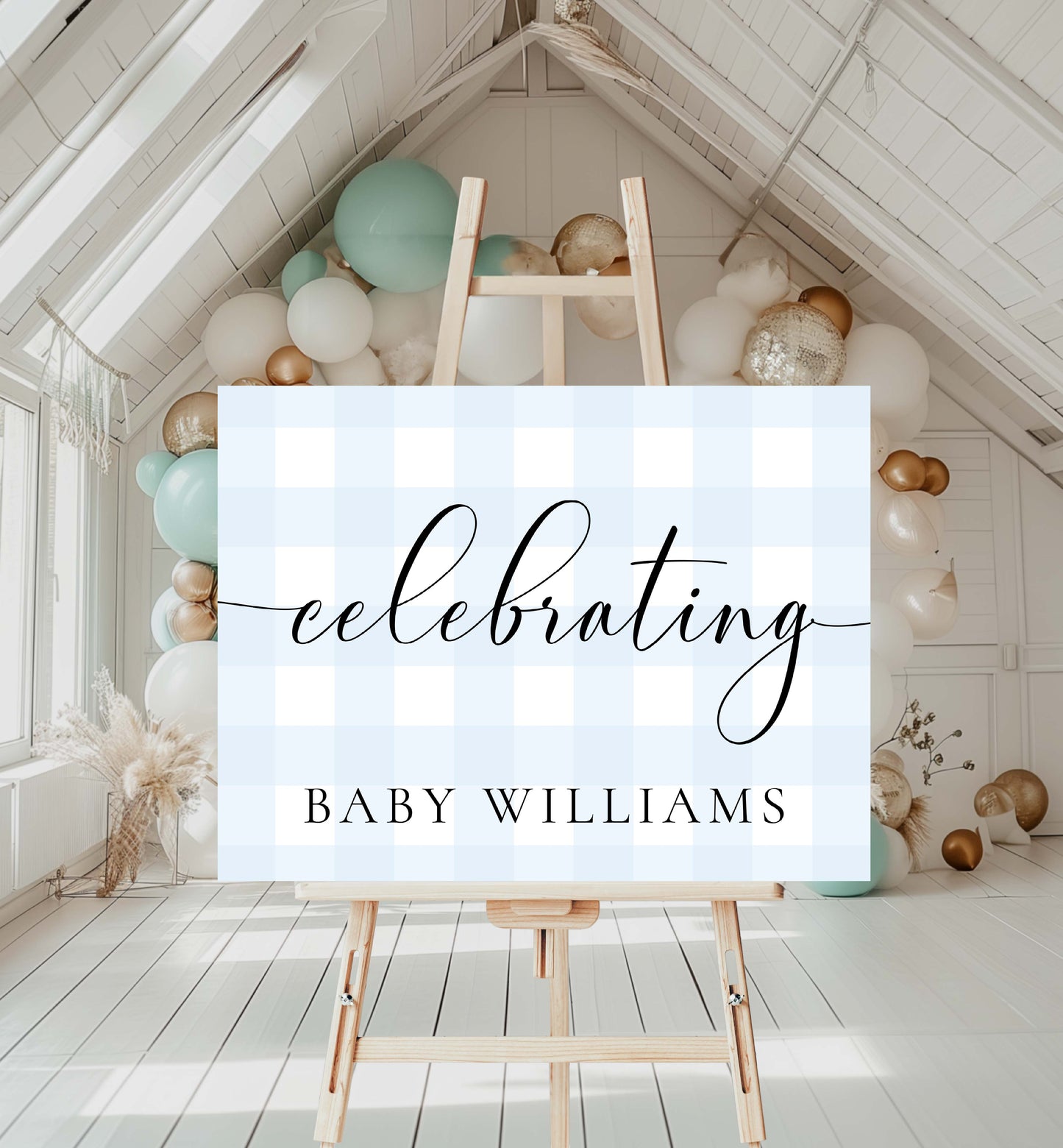 Decorative setup with balloons and a sign reading 'celebrating Baby Williams' in a room with white walls and wooden floor. Celebrating Welcome Sign Printable Template, Blue Gingham, Boy Baby Shower Pale Blue Check Welcome Sign, Boy Birthday Sign, Blue White Plaid