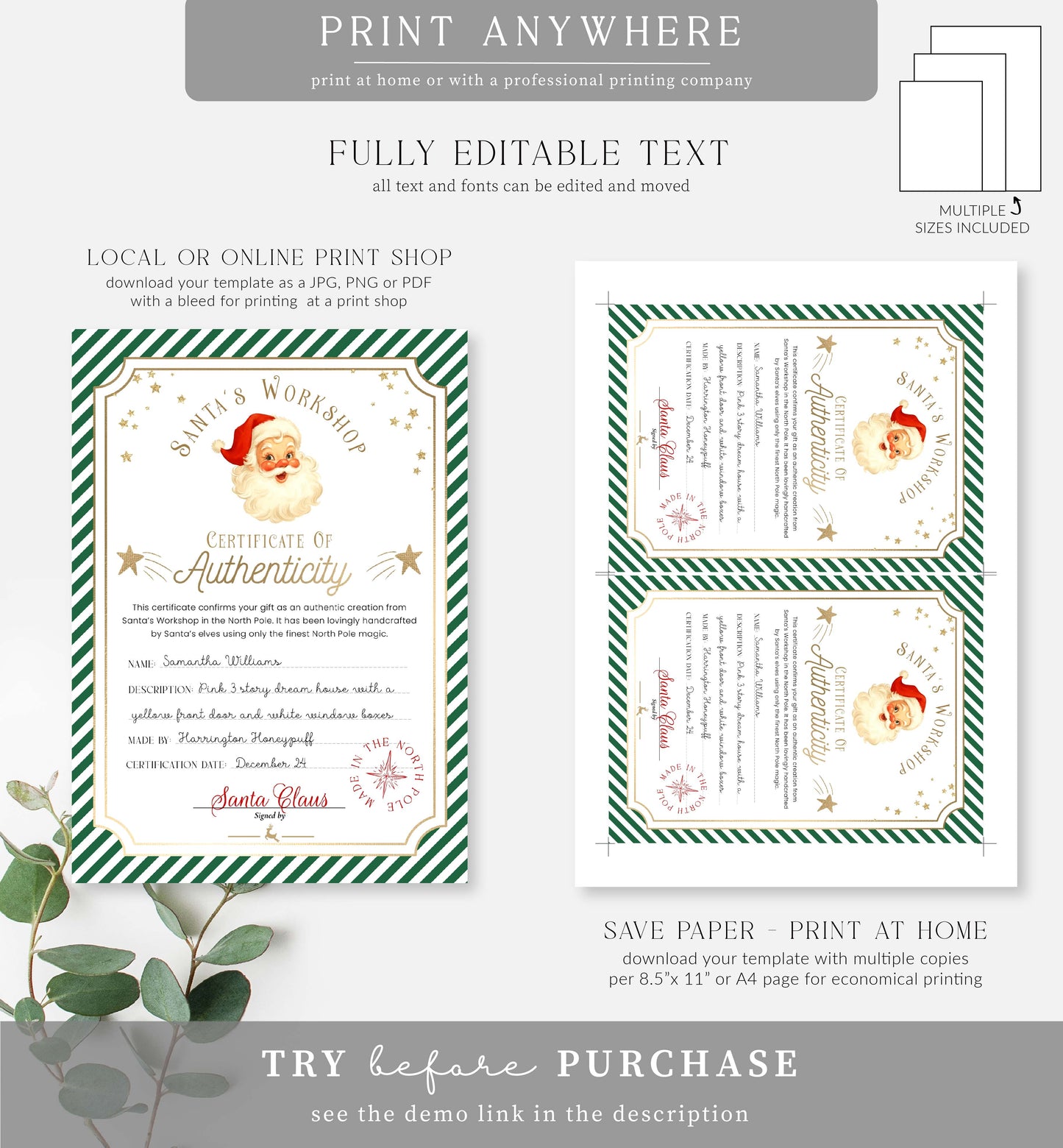 Stripe Green | Printable Christmas Certificate of Authenticity Template