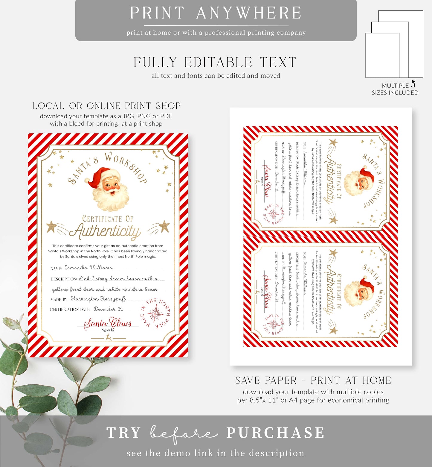 Stripe Red | Printable Christmas Certificate of Authenticity Template