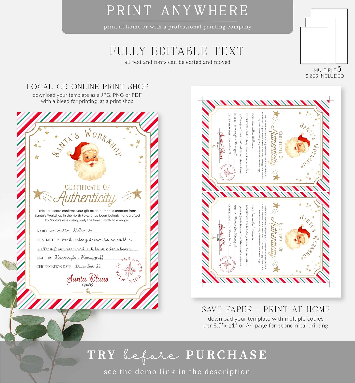 Stripe Pink Red | Printable Christmas Certificate of Authenticity Template