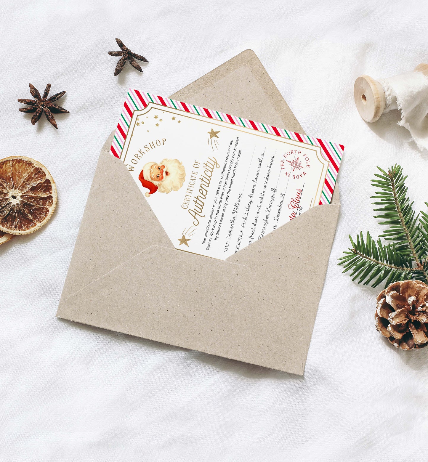 Printable Santa’s Toy Workshop Certificate of Authenticity, Christmas Eve Box Gift, Kid's Christmas Gift, Made In The North Pole, Stripe