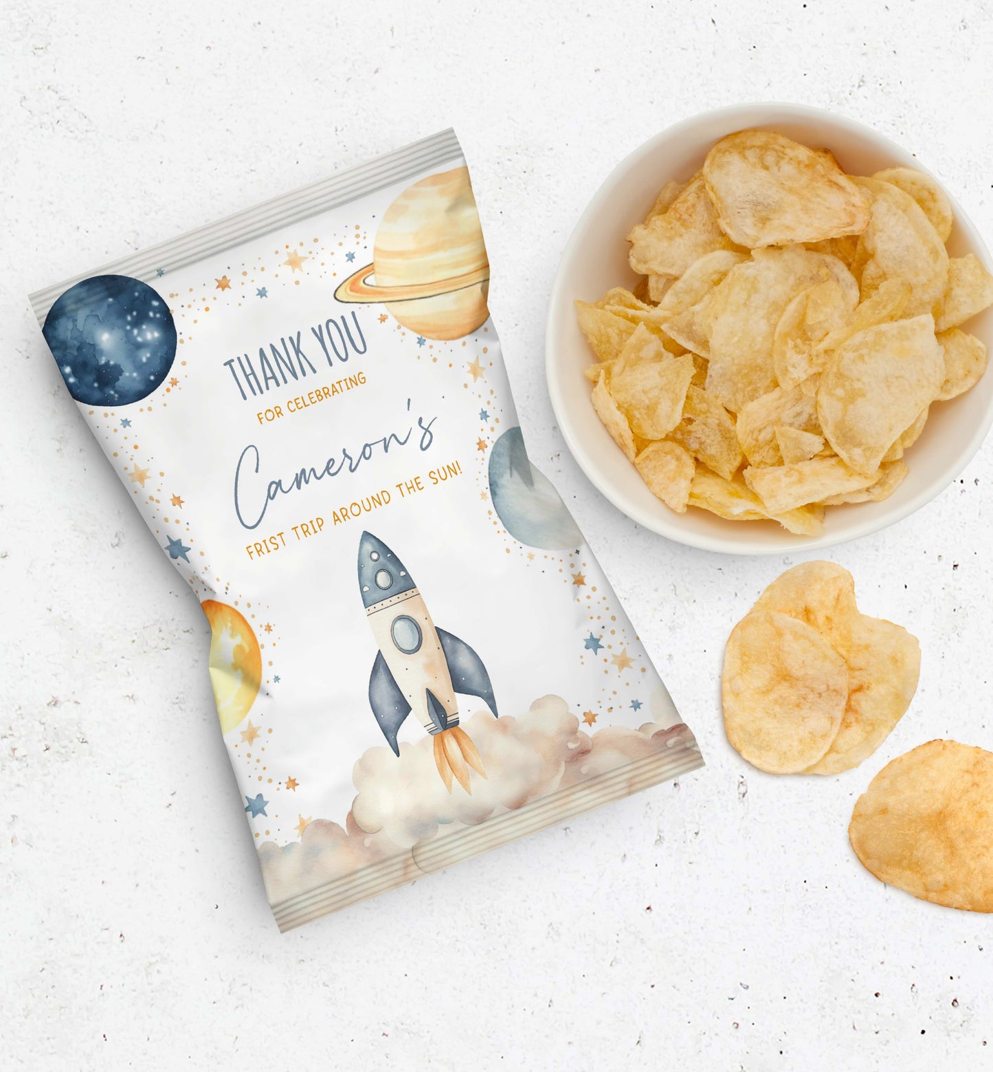 Birthday Party Chip Bag Wrapper Favors, First Trip Around The Sun Birthday Printable Chip Crisp Bag Favors, Outer Space Planets Galaxy Party